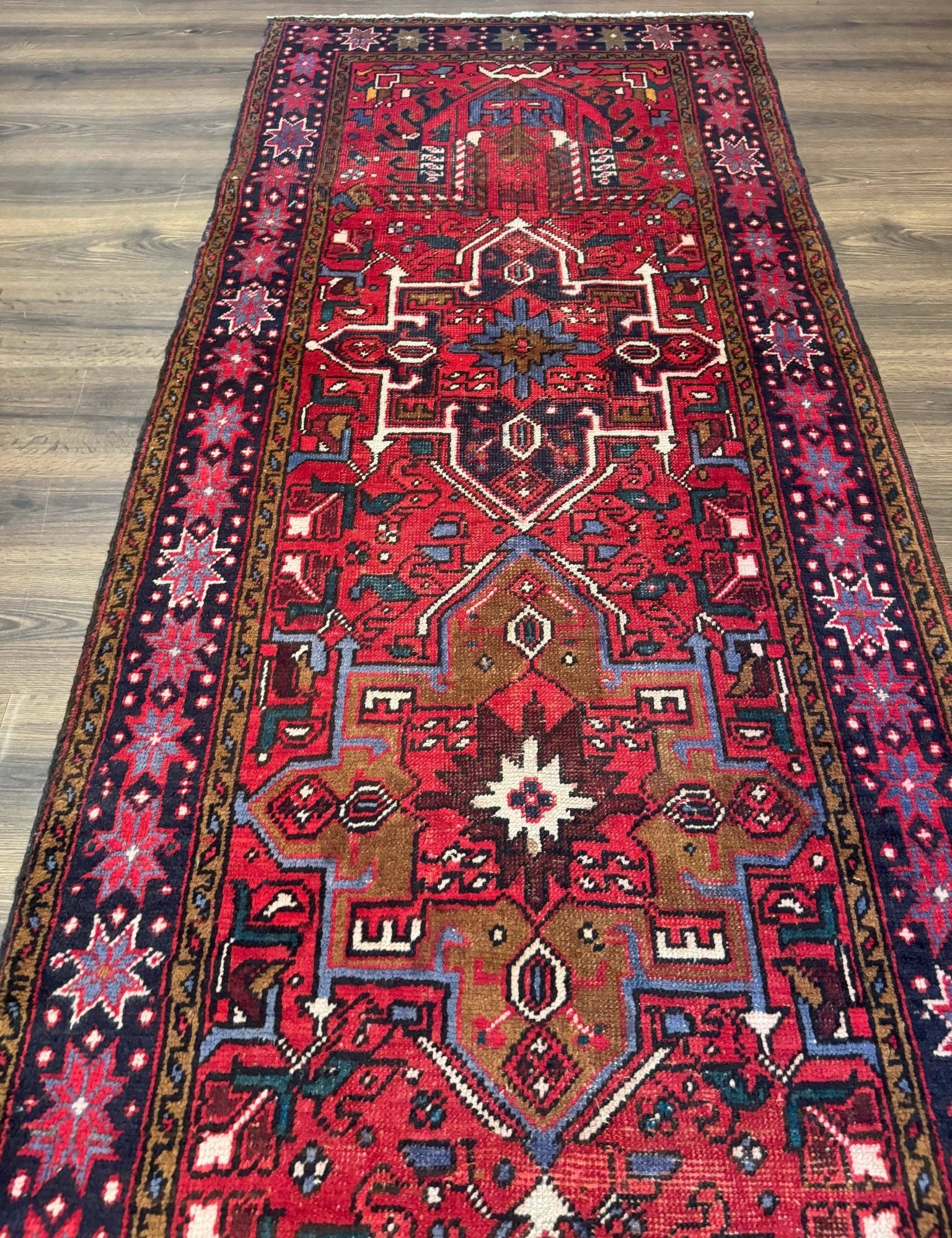 Persian Heriz Karajeh Runner Rug 3.7 x 12, Geometric Medallions, Red and Navy Blue - Jewel RugsShopify CollectiveHUNTEDFOX - Persian Heriz Karajeh Runner Rug 3.7 x 12, Geometric Medallions, Red and Navy Blue