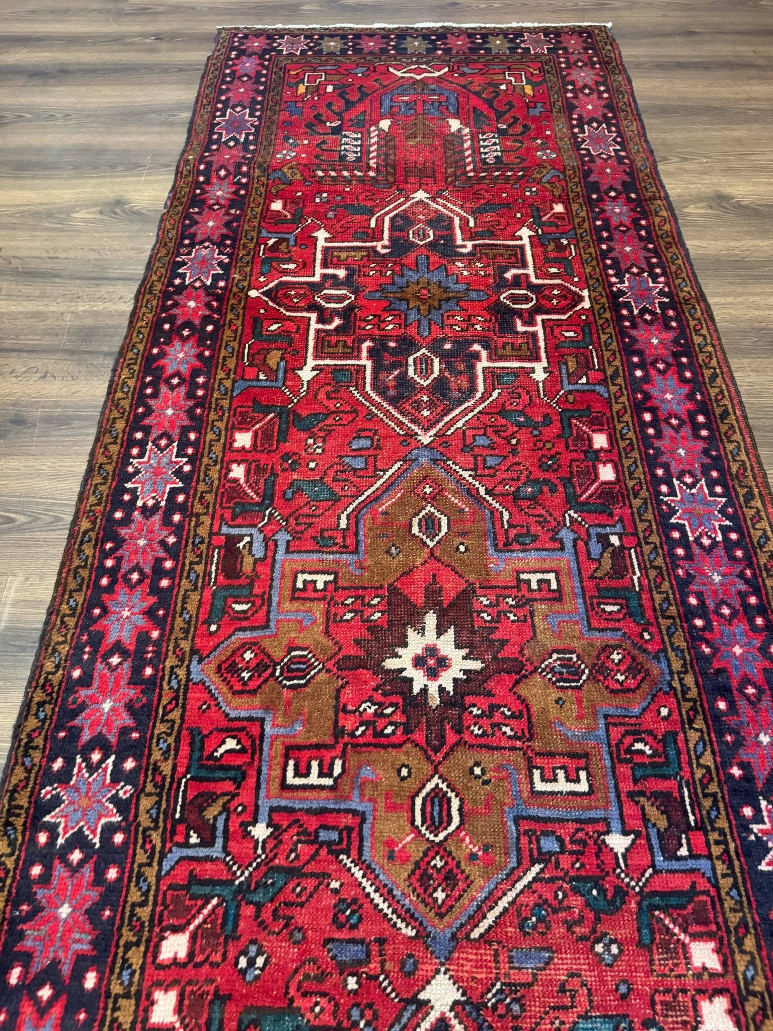 Persian Heriz Karajeh Runner Rug 3.7 x 12, Geometric Medallions, Red and Navy Blue - Jewel RugsShopify CollectiveHUNTEDFOX - Persian Heriz Karajeh Runner Rug 3.7 x 12, Geometric Medallions, Red and Navy Blue
