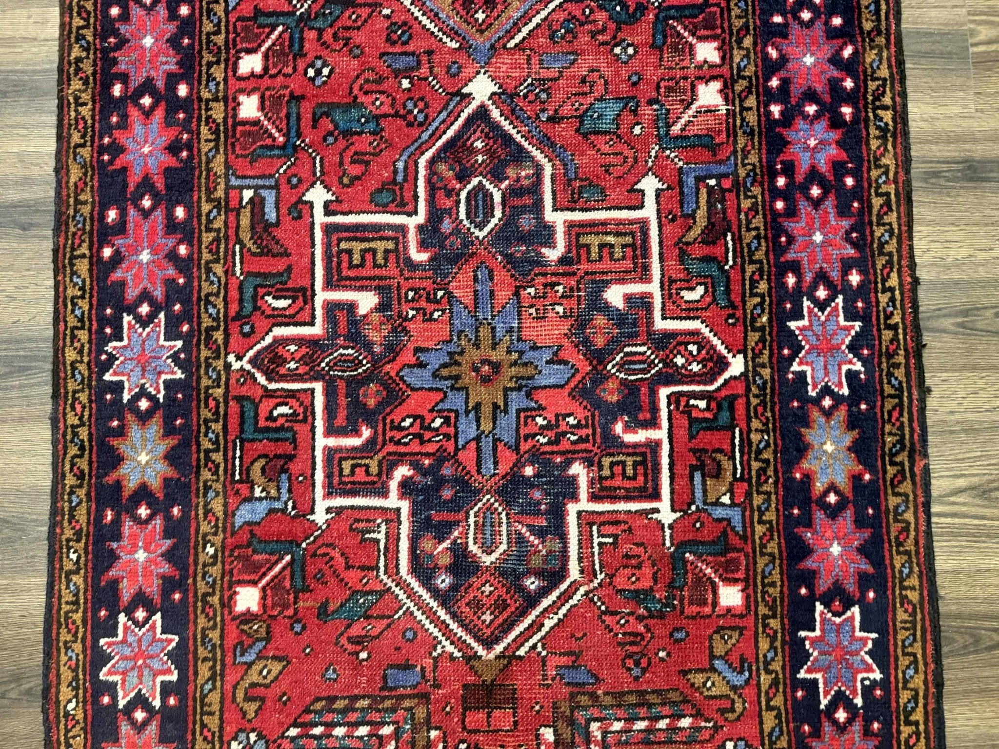 Persian Heriz Karajeh Runner Rug 3.7 x 12, Geometric Medallions, Red and Navy Blue - Jewel RugsShopify CollectiveHUNTEDFOX - Persian Heriz Karajeh Runner Rug 3.7 x 12, Geometric Medallions, Red and Navy Blue