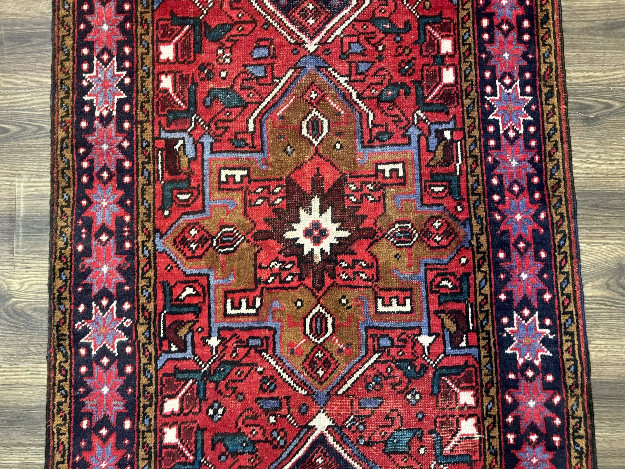 Persian Heriz Karajeh Runner Rug 3.7 x 12, Geometric Medallions, Red and Navy Blue - Jewel RugsShopify CollectiveHUNTEDFOX - Persian Heriz Karajeh Runner Rug 3.7 x 12, Geometric Medallions, Red and Navy Blue