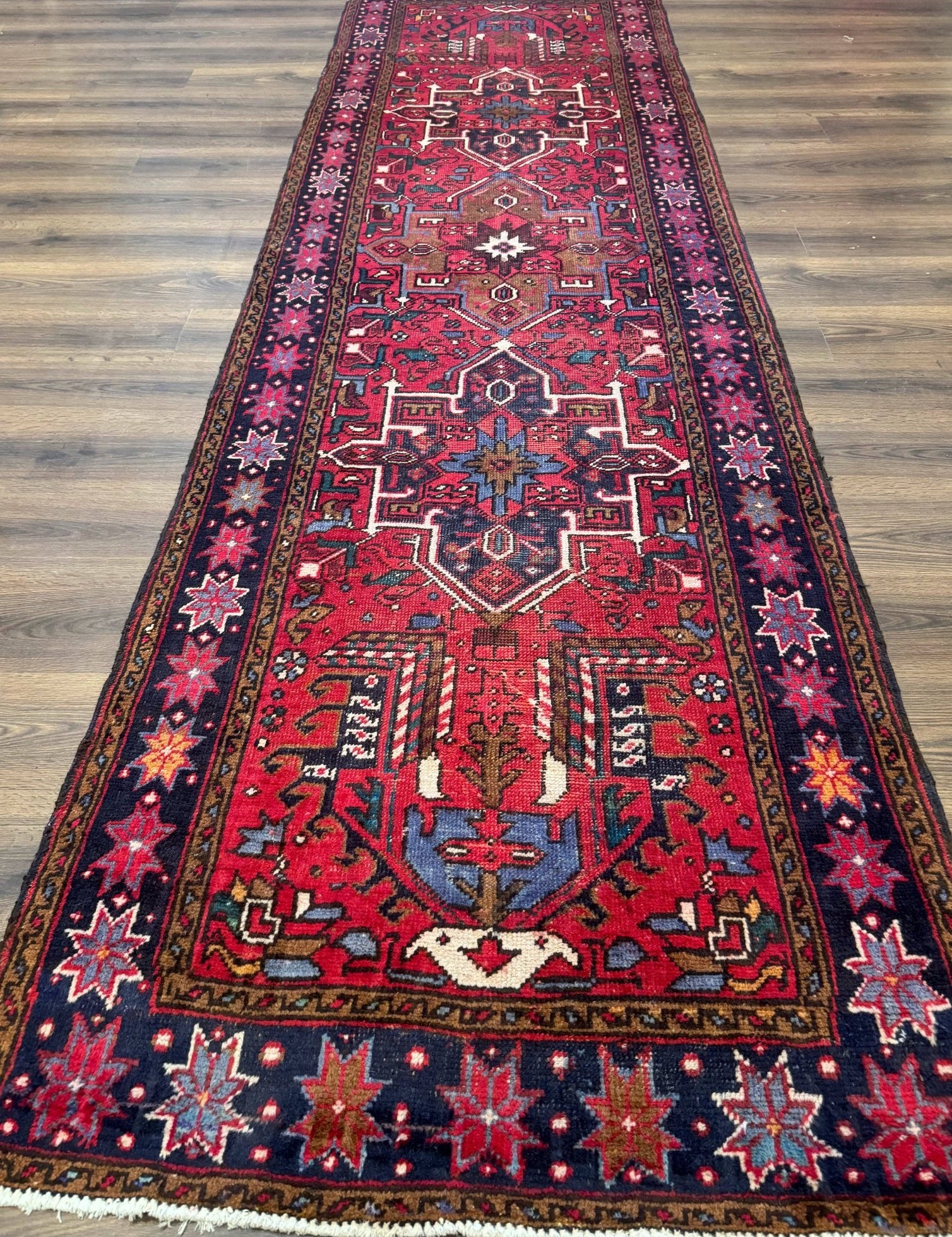 Persian Heriz Karajeh Runner Rug 3.7 x 12, Geometric Medallions, Red and Navy Blue - Jewel RugsShopify CollectiveHUNTEDFOX - Persian Heriz Karajeh Runner Rug 3.7 x 12, Geometric Medallions, Red and Navy Blue