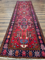 Persian Heriz Karajeh Runner Rug 3.7 x 12, Geometric Medallions, Red and Navy Blue - Jewel RugsShopify CollectiveHUNTEDFOX - Persian Heriz Karajeh Runner Rug 3.7 x 12, Geometric Medallions, Red and Navy Blue