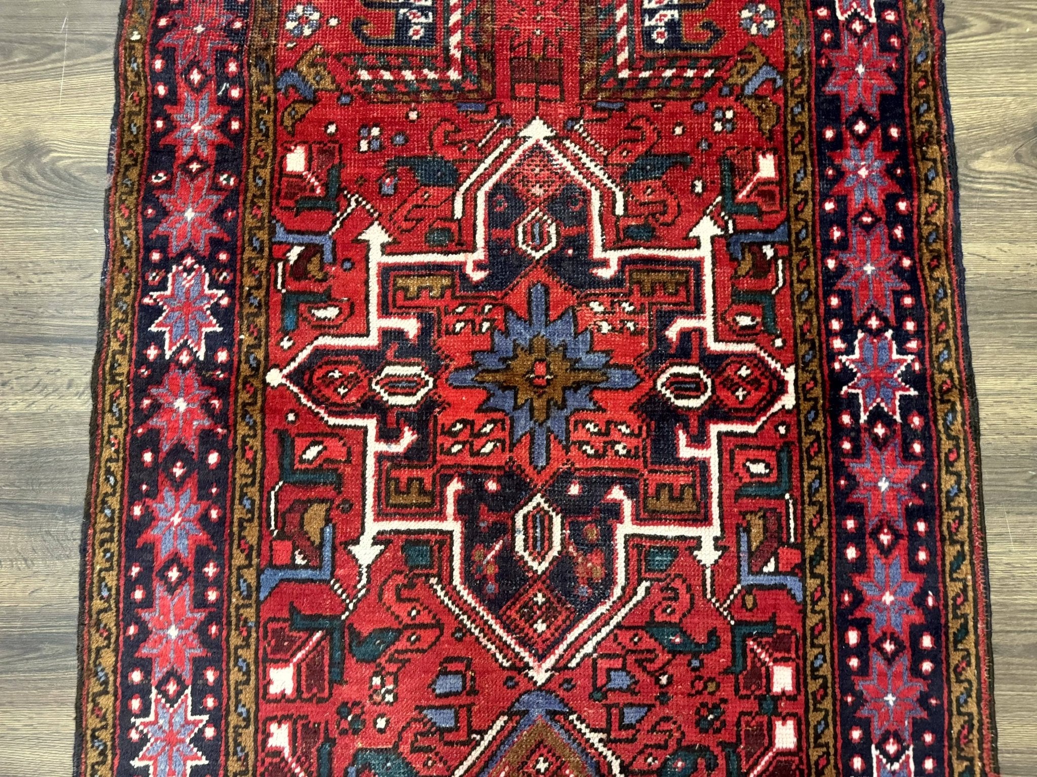 Persian Heriz Karajeh Runner Rug 3.7 x 12, Geometric Medallions, Red and Navy Blue - Jewel RugsShopify CollectiveHUNTEDFOX - Persian Heriz Karajeh Runner Rug 3.7 x 12, Geometric Medallions, Red and Navy Blue