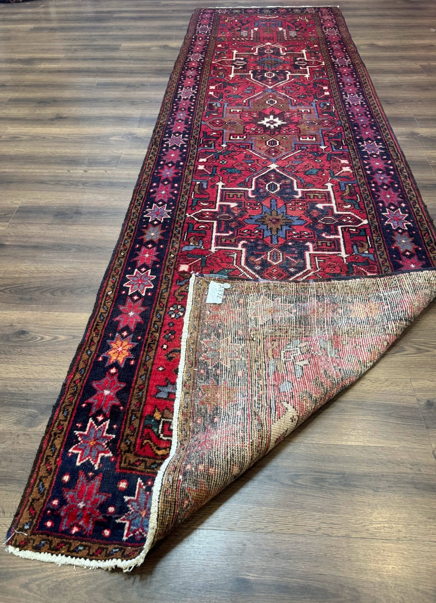 Persian Heriz Karajeh Runner Rug 3.7 x 12, Geometric Medallions, Red and Navy Blue - Jewel RugsShopify CollectiveHUNTEDFOX - Persian Heriz Karajeh Runner Rug 3.7 x 12, Geometric Medallions, Red and Navy Blue