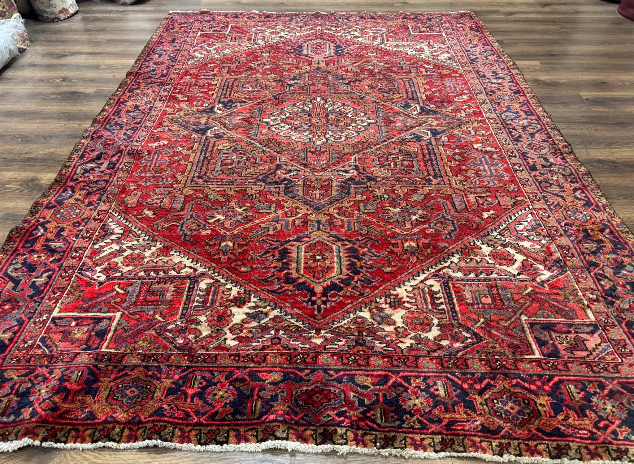 Persian Heriz Rug 7x10, Geometric Pattern, Red Ivory Navy Blue - Jewel RugsShopify CollectiveHUNTEDFOX - Persian Heriz Rug 7x10, Geometric Pattern, Red Ivory Navy Blue