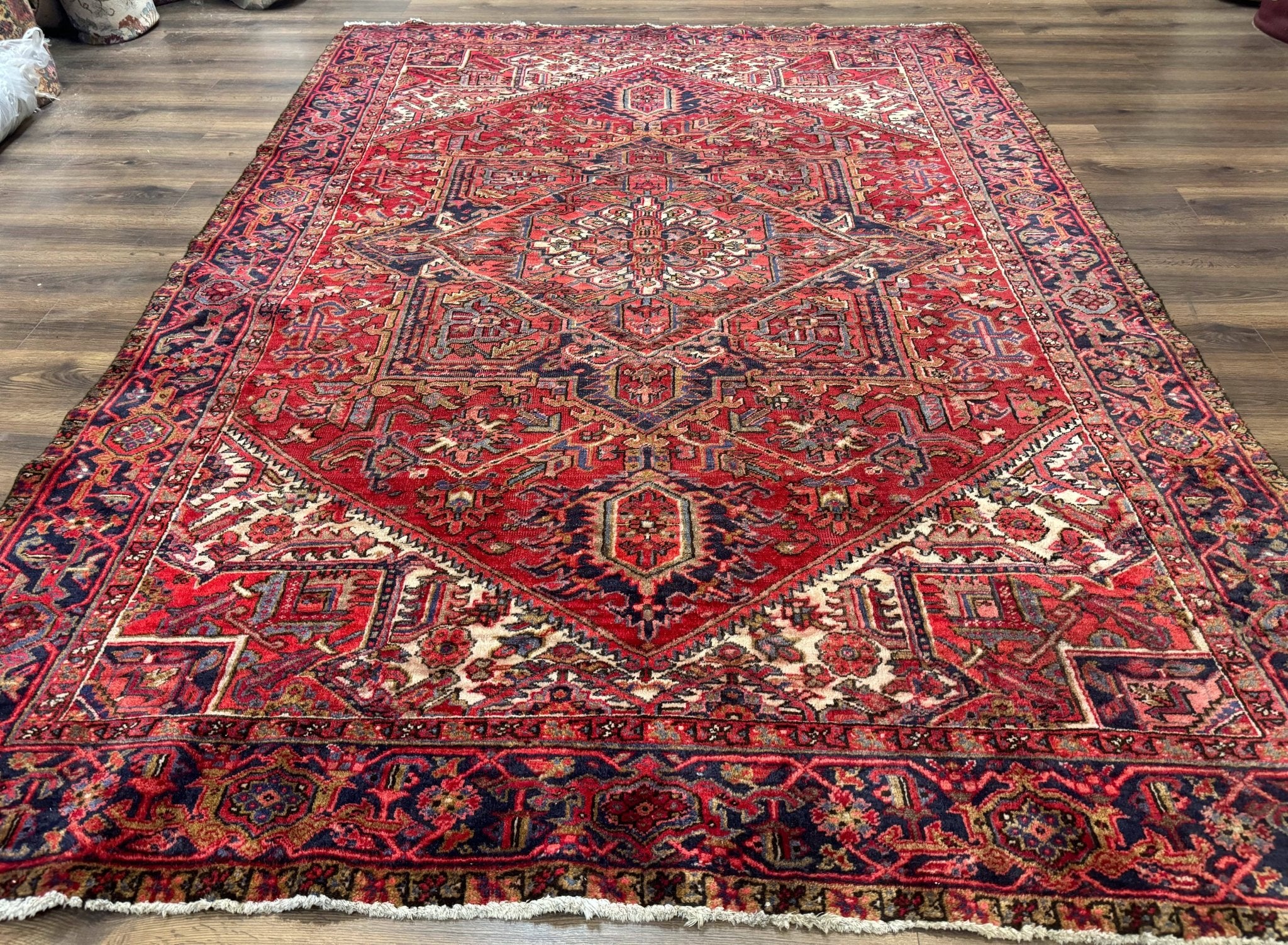 Persian Heriz Rug 7x10, Geometric Pattern, Red Ivory Navy Blue - Jewel RugsShopify CollectiveHUNTEDFOX - Persian Heriz Rug 7x10, Geometric Pattern, Red Ivory Navy Blue