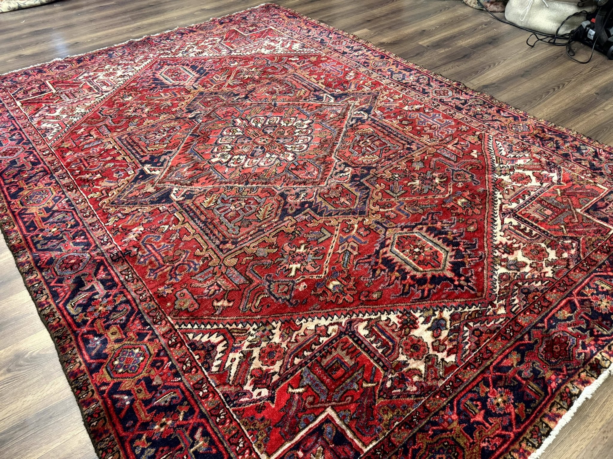 Persian Heriz Rug 7x10, Geometric Pattern, Red Ivory Navy Blue - Jewel RugsShopify CollectiveHUNTEDFOX - Persian Heriz Rug 7x10, Geometric Pattern, Red Ivory Navy Blue