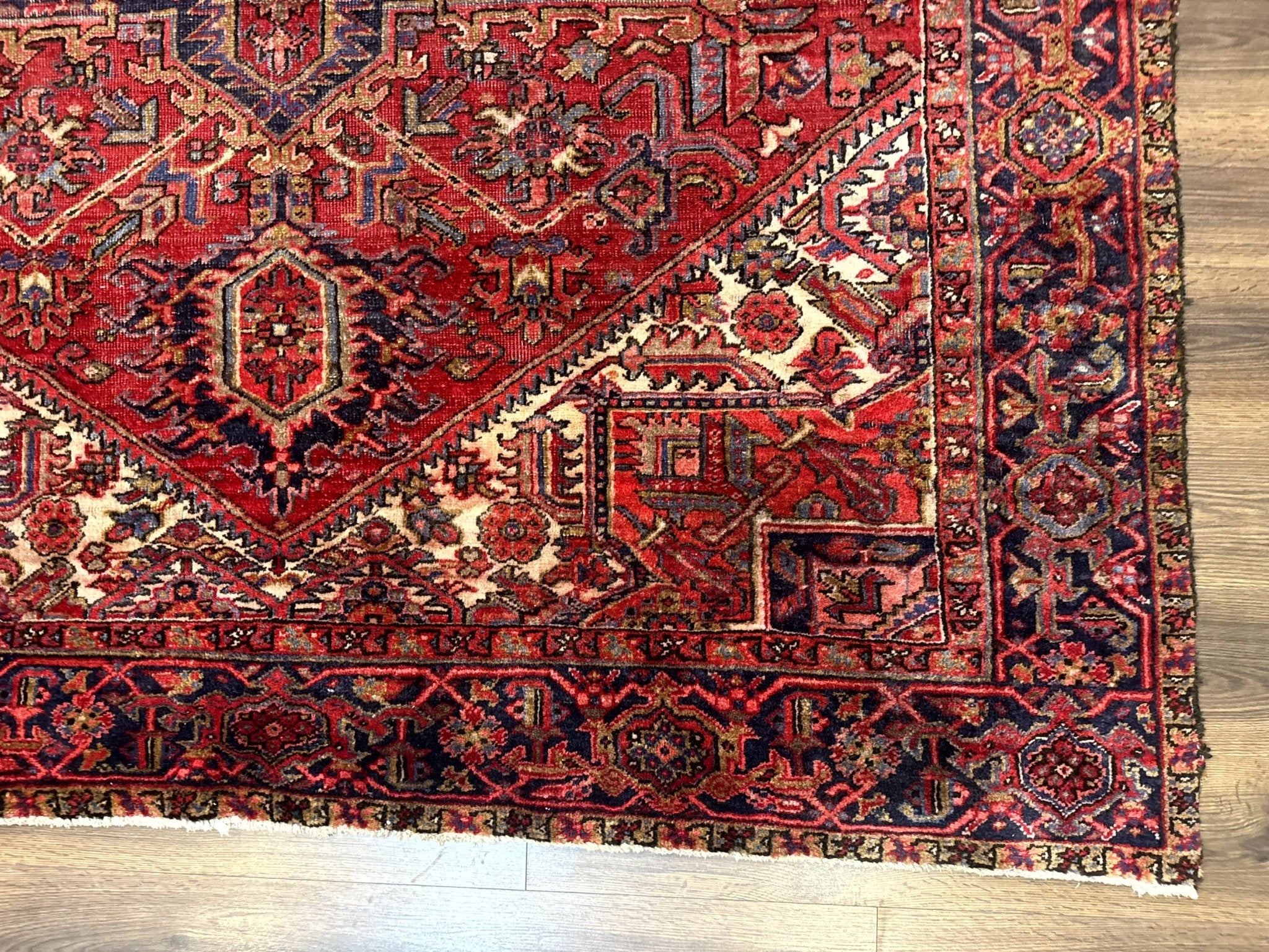 Persian Heriz Rug 7x10, Geometric Pattern, Red Ivory Navy Blue - Jewel RugsShopify CollectiveHUNTEDFOX - Persian Heriz Rug 7x10, Geometric Pattern, Red Ivory Navy Blue