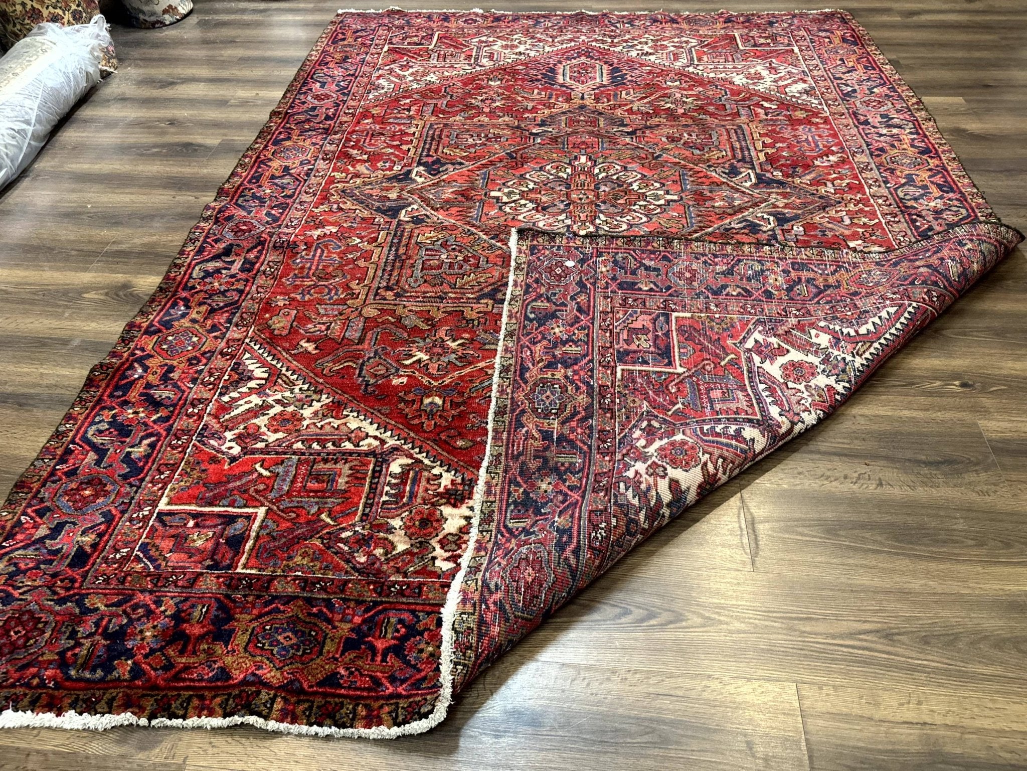 Persian Heriz Rug 7x10, Geometric Pattern, Red Ivory Navy Blue - Jewel RugsShopify CollectiveHUNTEDFOX - Persian Heriz Rug 7x10, Geometric Pattern, Red Ivory Navy Blue