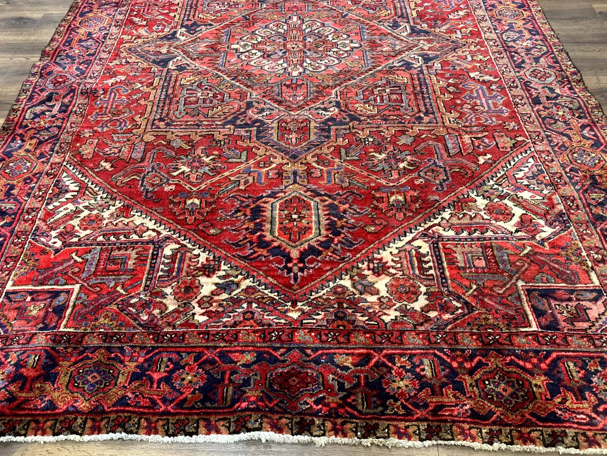 Persian Heriz Rug 7x10, Geometric Pattern, Red Ivory Navy Blue - Jewel RugsShopify CollectiveHUNTEDFOX - Persian Heriz Rug 7x10, Geometric Pattern, Red Ivory Navy Blue