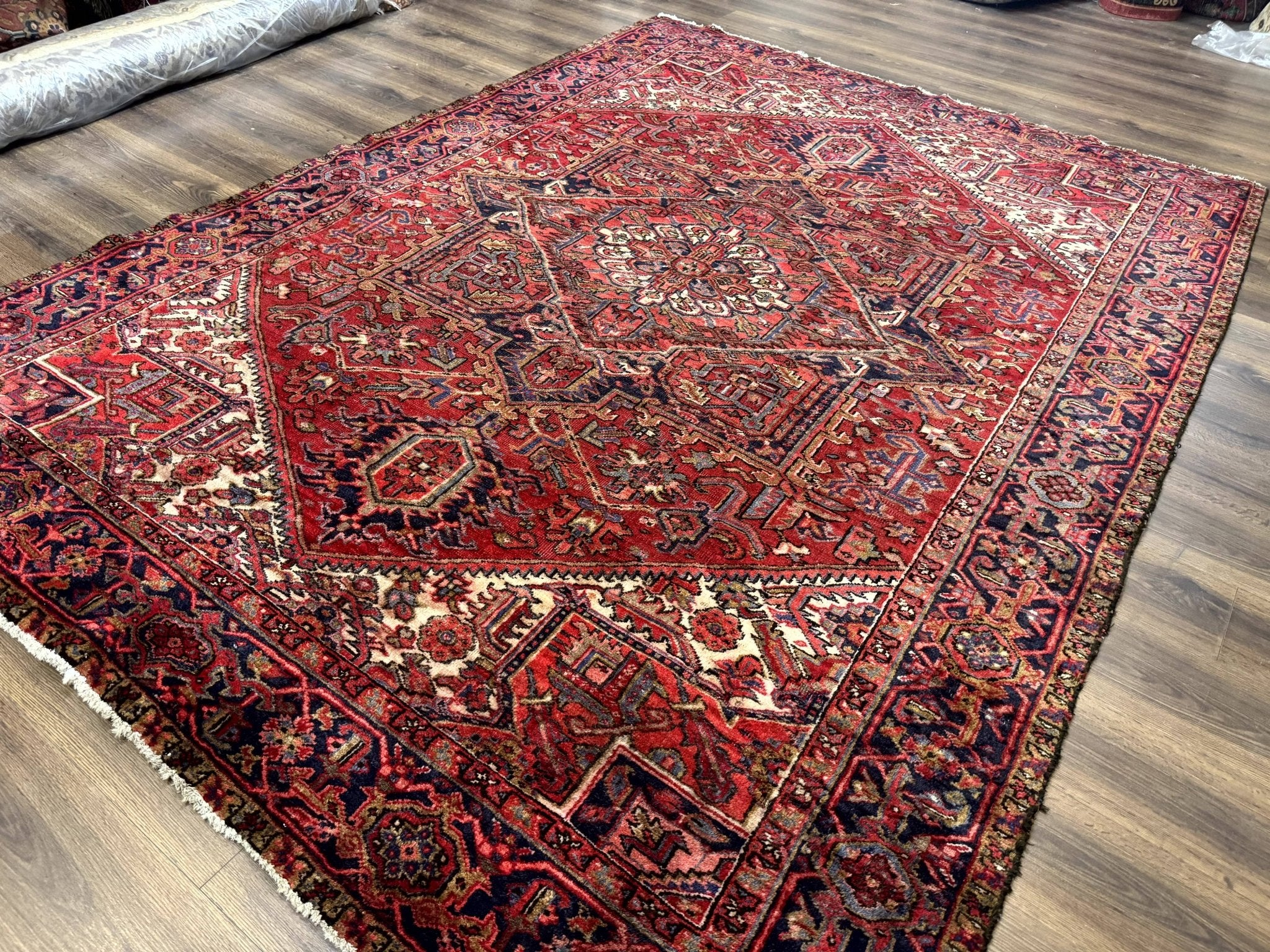 Persian Heriz Rug 7x10, Geometric Pattern, Red Ivory Navy Blue - Jewel RugsShopify CollectiveHUNTEDFOX - Persian Heriz Rug 7x10, Geometric Pattern, Red Ivory Navy Blue