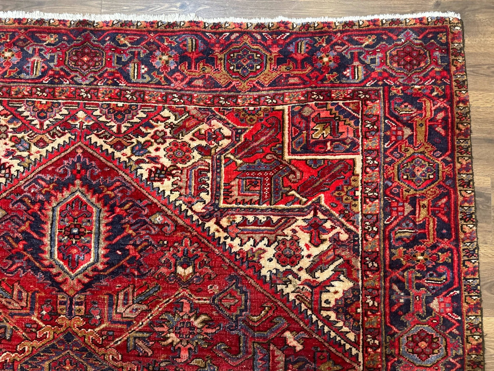 Persian Heriz Rug 7x10, Geometric Pattern, Red Ivory Navy Blue - Jewel RugsShopify CollectiveHUNTEDFOX - Persian Heriz Rug 7x10, Geometric Pattern, Red Ivory Navy Blue