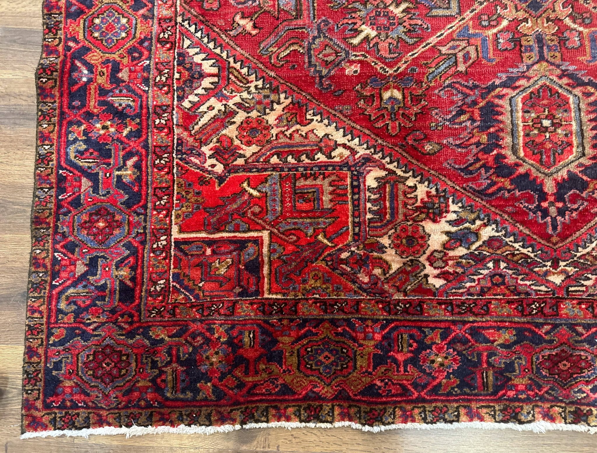 Persian Heriz Rug 7x10, Geometric Pattern, Red Ivory Navy Blue - Jewel RugsShopify CollectiveHUNTEDFOX - Persian Heriz Rug 7x10, Geometric Pattern, Red Ivory Navy Blue