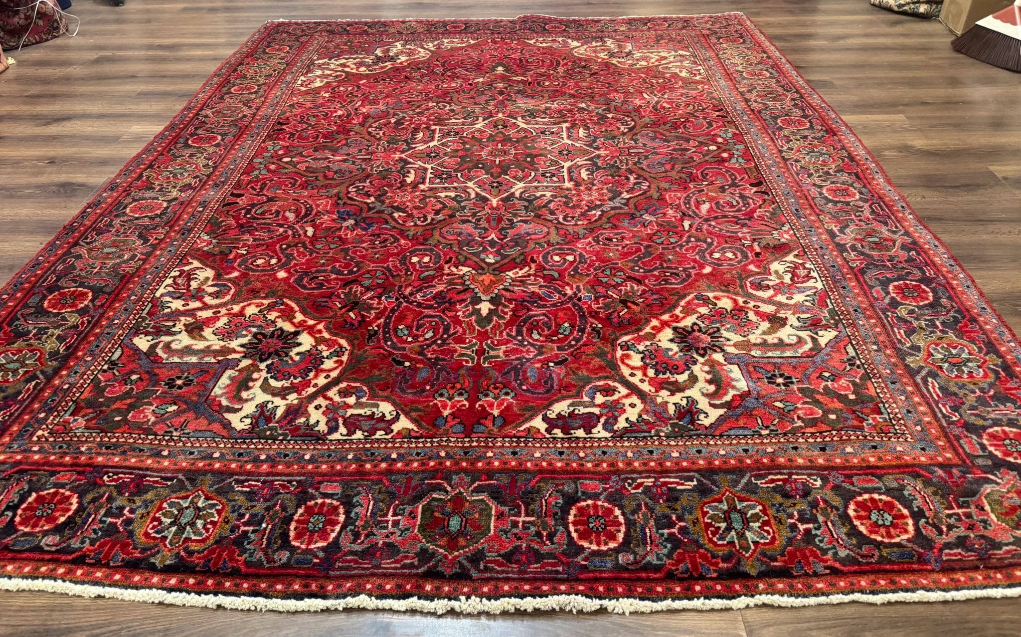 Persian Heriz Rug 7x10, Red and Navy, Geometric Medallion, Vintage Wool Carpet - Jewel RugsShopify CollectiveHUNTEDFOX - Persian Heriz Rug 7x10, Red and Navy, Geometric Medallion, Vintage Wool Carpet
