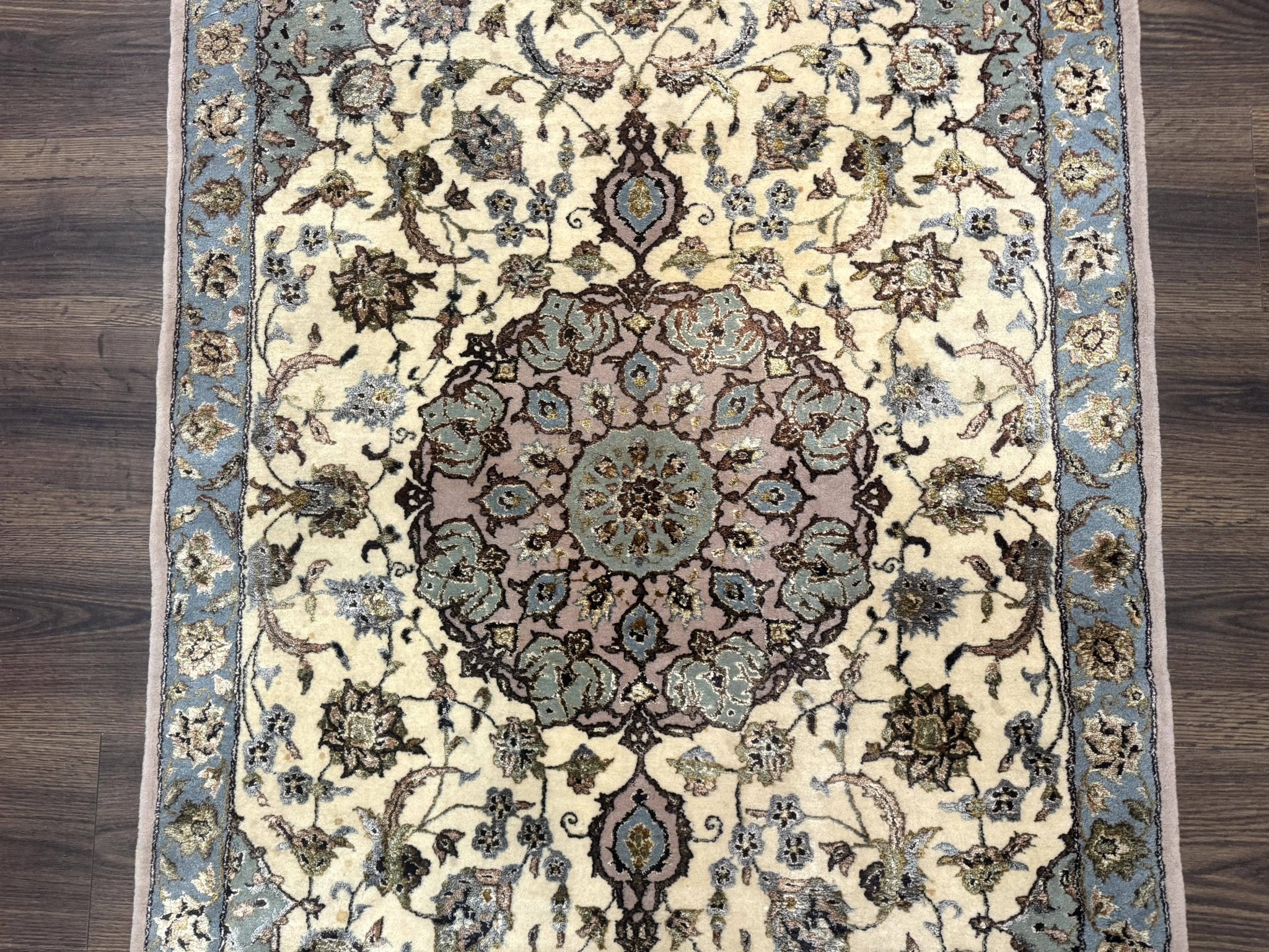 Persian Isfahan Rug 3x5, Fine 310 KPSI, Kork Wool Silk Foundation, Cream & Light Green - Jewel RugsShopify CollectiveHUNTEDFOX - Persian Isfahan Rug 3x5, Fine 310 KPSI, Kork Wool Silk Foundation, Cream & Light Green