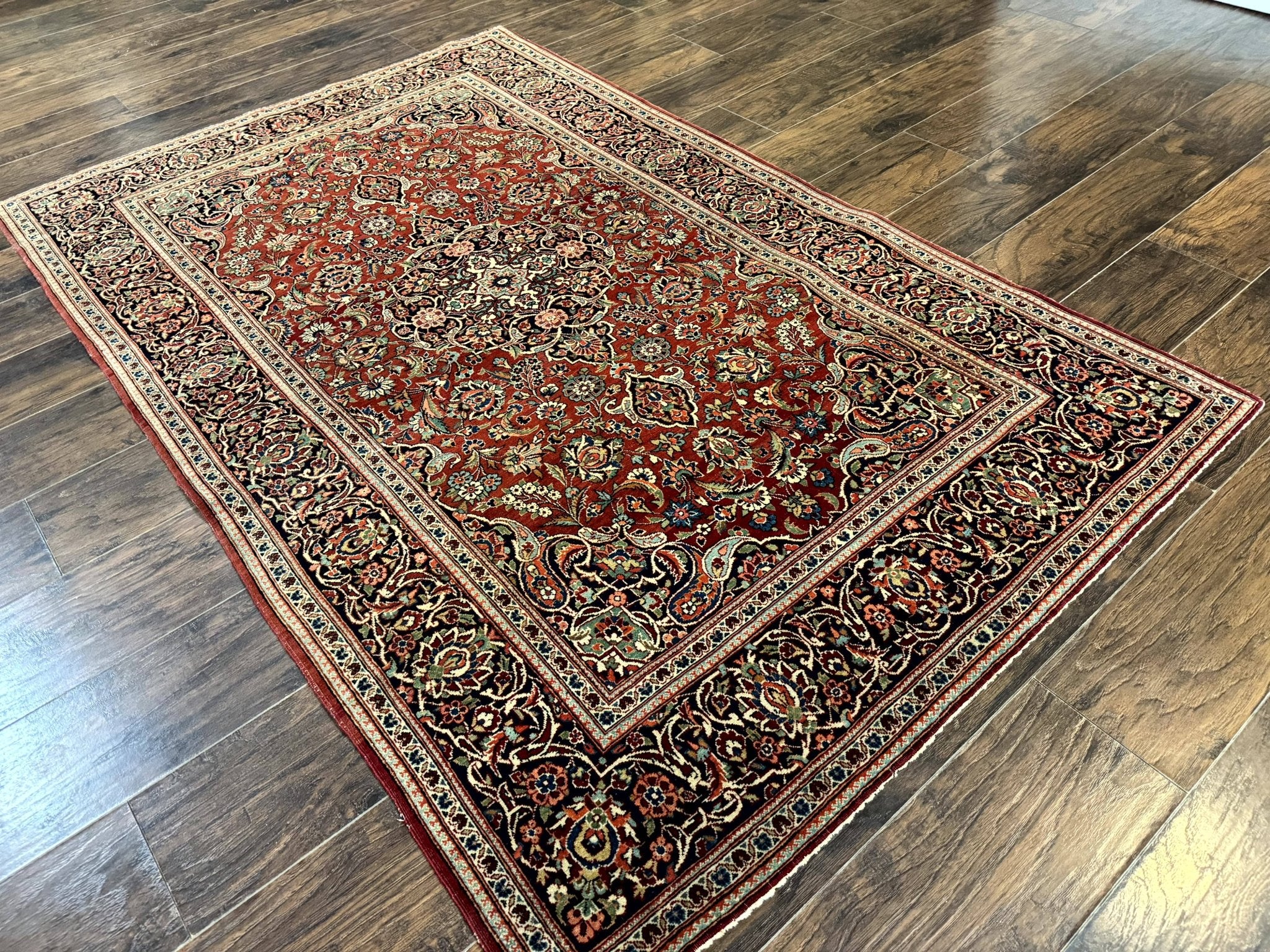 Persian Kashan Rug 4x7, Red and Navy Blue, Floral Antique Carpet - Jewel RugsShopify CollectiveHUNTEDFOX - Persian Kashan Rug 4x7, Red and Navy Blue, Floral Antique Carpet