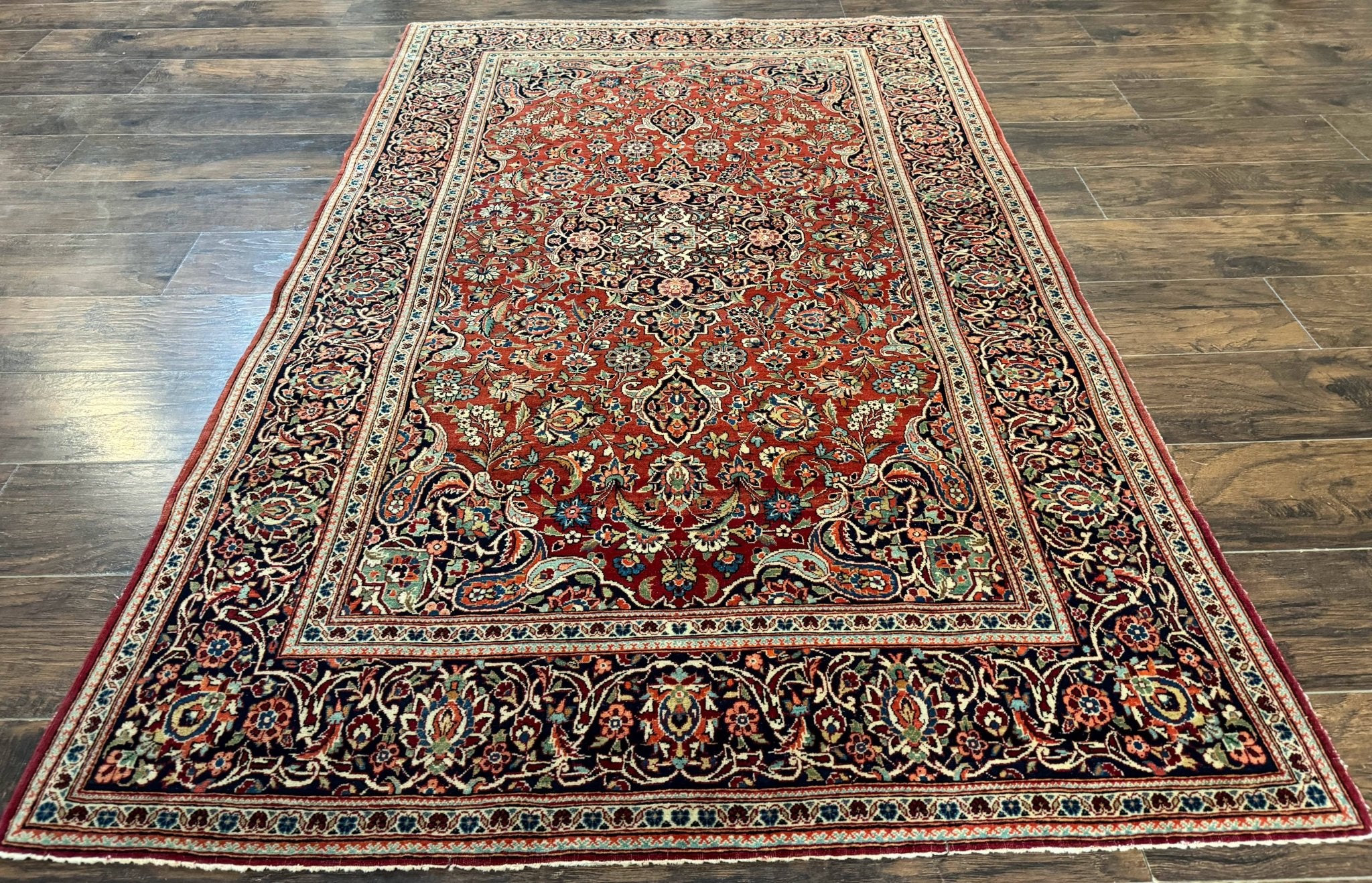 Persian Kashan Rug 4x7, Red and Navy Blue, Floral Antique Carpet - Jewel RugsShopify CollectiveHUNTEDFOX - Persian Kashan Rug 4x7, Red and Navy Blue, Floral Antique Carpet