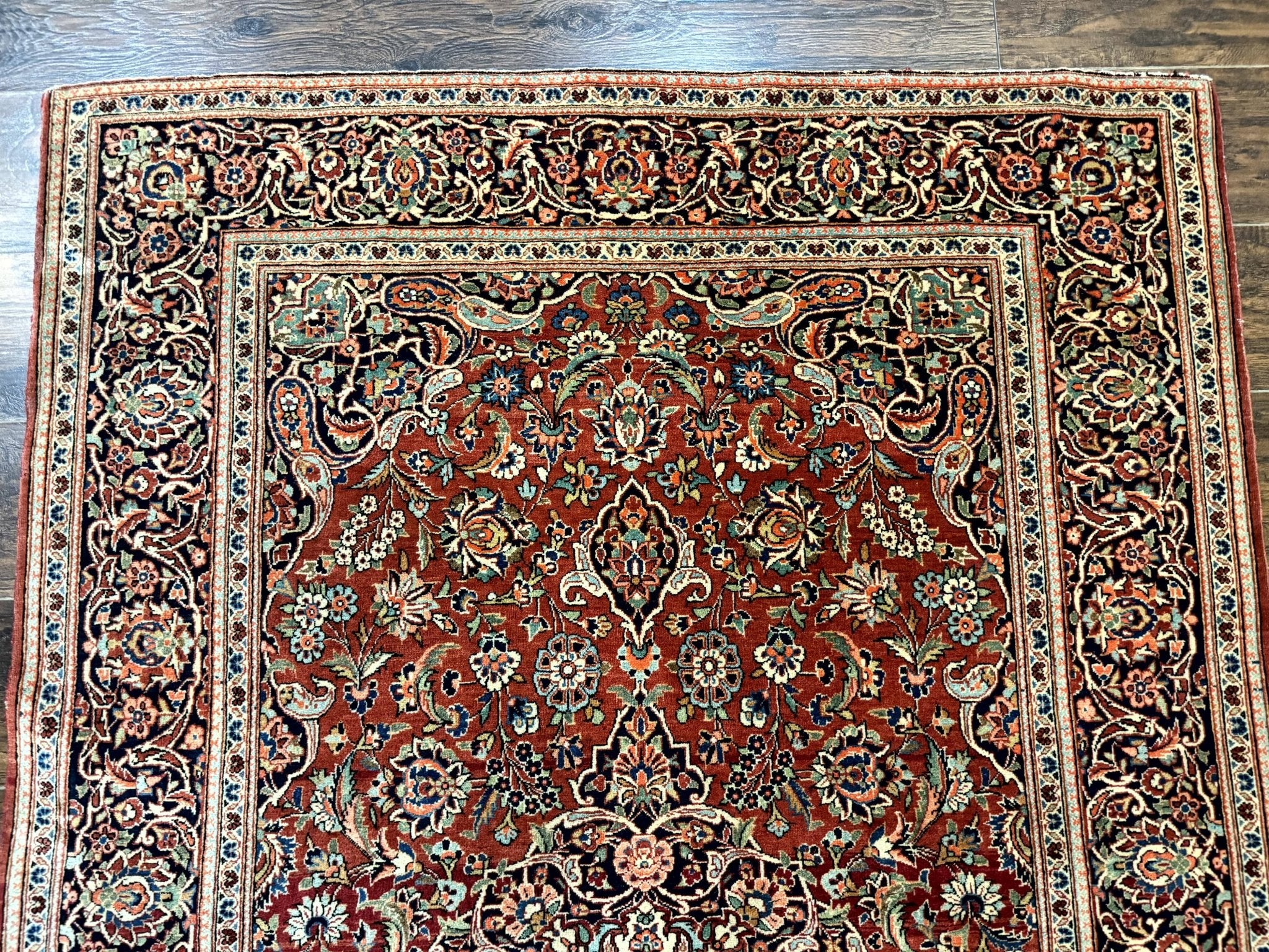 Persian Kashan Rug 4x7, Red and Navy Blue, Floral Antique Carpet - Jewel RugsShopify CollectiveHUNTEDFOX - Persian Kashan Rug 4x7, Red and Navy Blue, Floral Antique Carpet