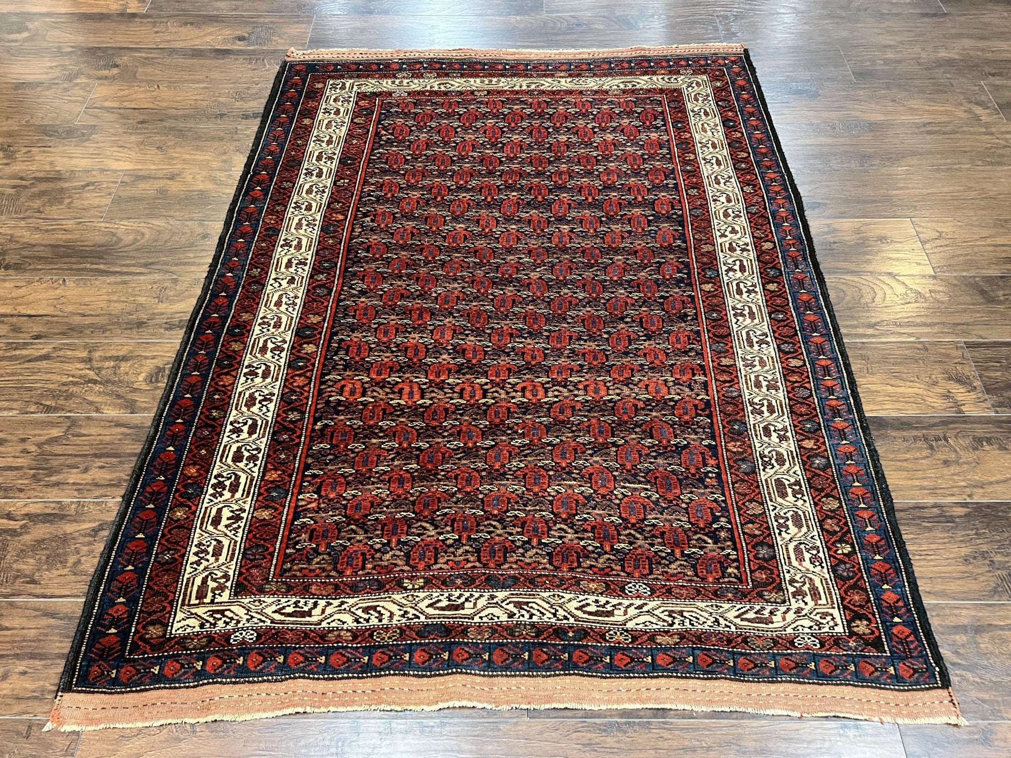 Persian Kurdish Rug 5x6, Wool Hand Knotted Vintage Carpet, Red Blue Cream, Boteh Paisley Pattern, 5 x 6 Medium Sized Oriental Rug - Jewel RugsShopify CollectiveHUNTEDFOX - Persian Kurdish Rug 5x6, Wool Hand Knotted Vintage Carpet, Red Blue Cream, Boteh Paisley Pattern, 5 x 6 Medium Sized Oriental Rug