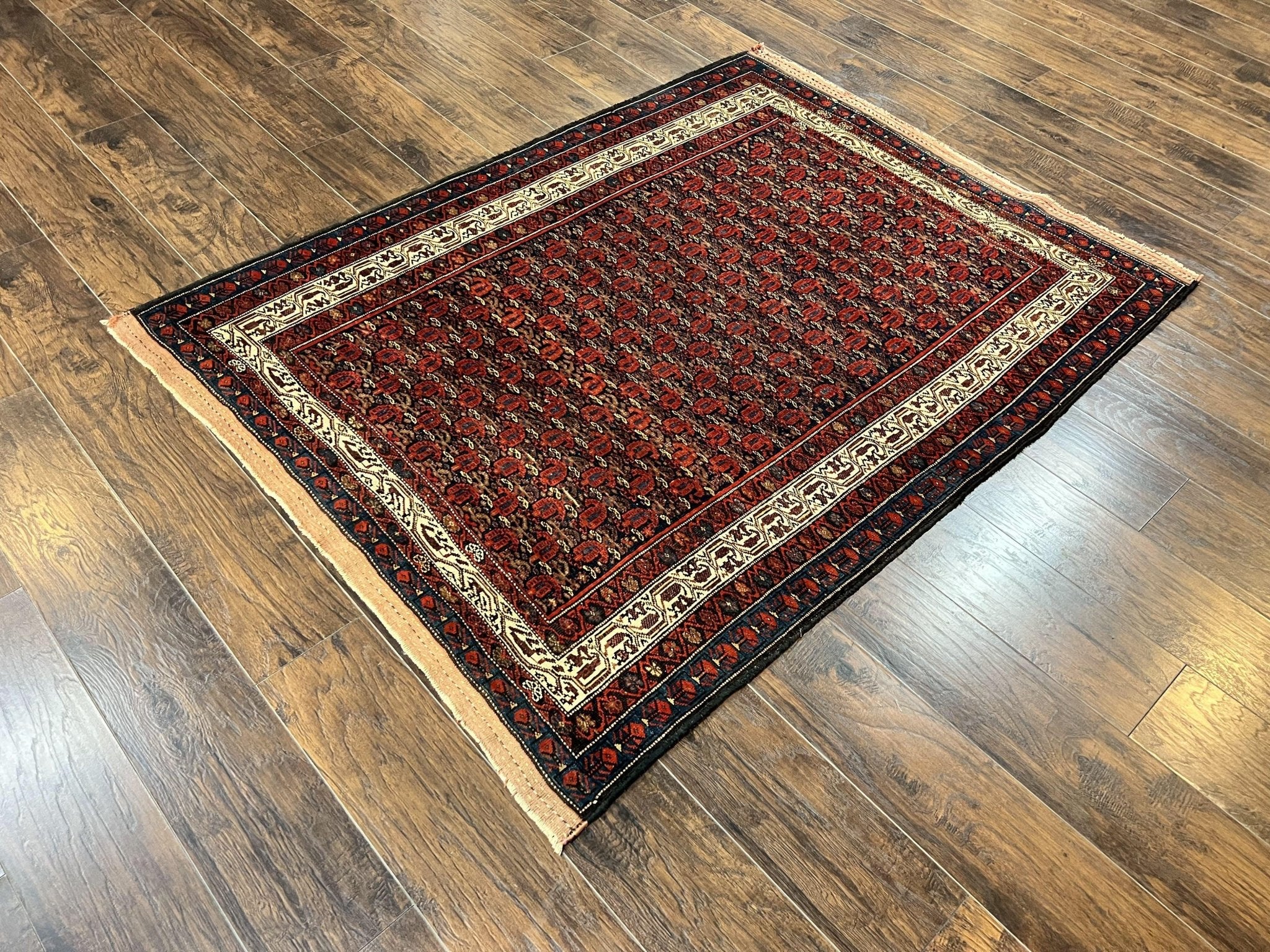 Persian Kurdish Rug 5x6, Wool Hand Knotted Vintage Carpet, Red Blue Cream, Boteh Paisley Pattern, 5 x 6 Medium Sized Oriental Rug - Jewel RugsShopify CollectiveHUNTEDFOX - Persian Kurdish Rug 5x6, Wool Hand Knotted Vintage Carpet, Red Blue Cream, Boteh Paisley Pattern, 5 x 6 Medium Sized Oriental Rug