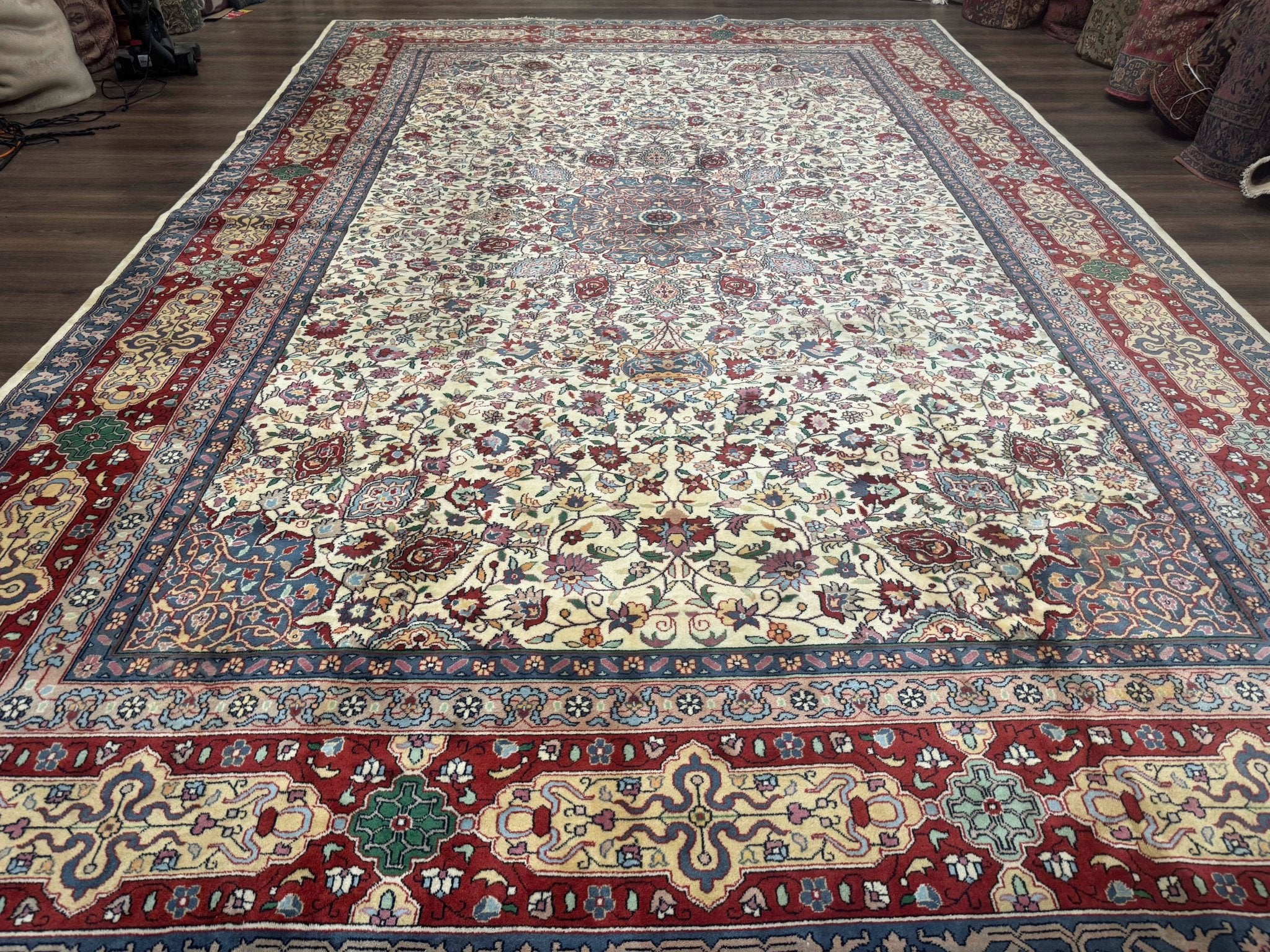 Persian Mashad Rug 10x16, Palace Size Handmade Wool Carpet, Cream Red, Floral Medallion, Vintage - Jewel RugsShopify CollectiveHUNTEDFOX - Persian Mashad Rug 10x16, Palace Size Handmade Wool Carpet, Cream Red, Floral Medallion, Vintage