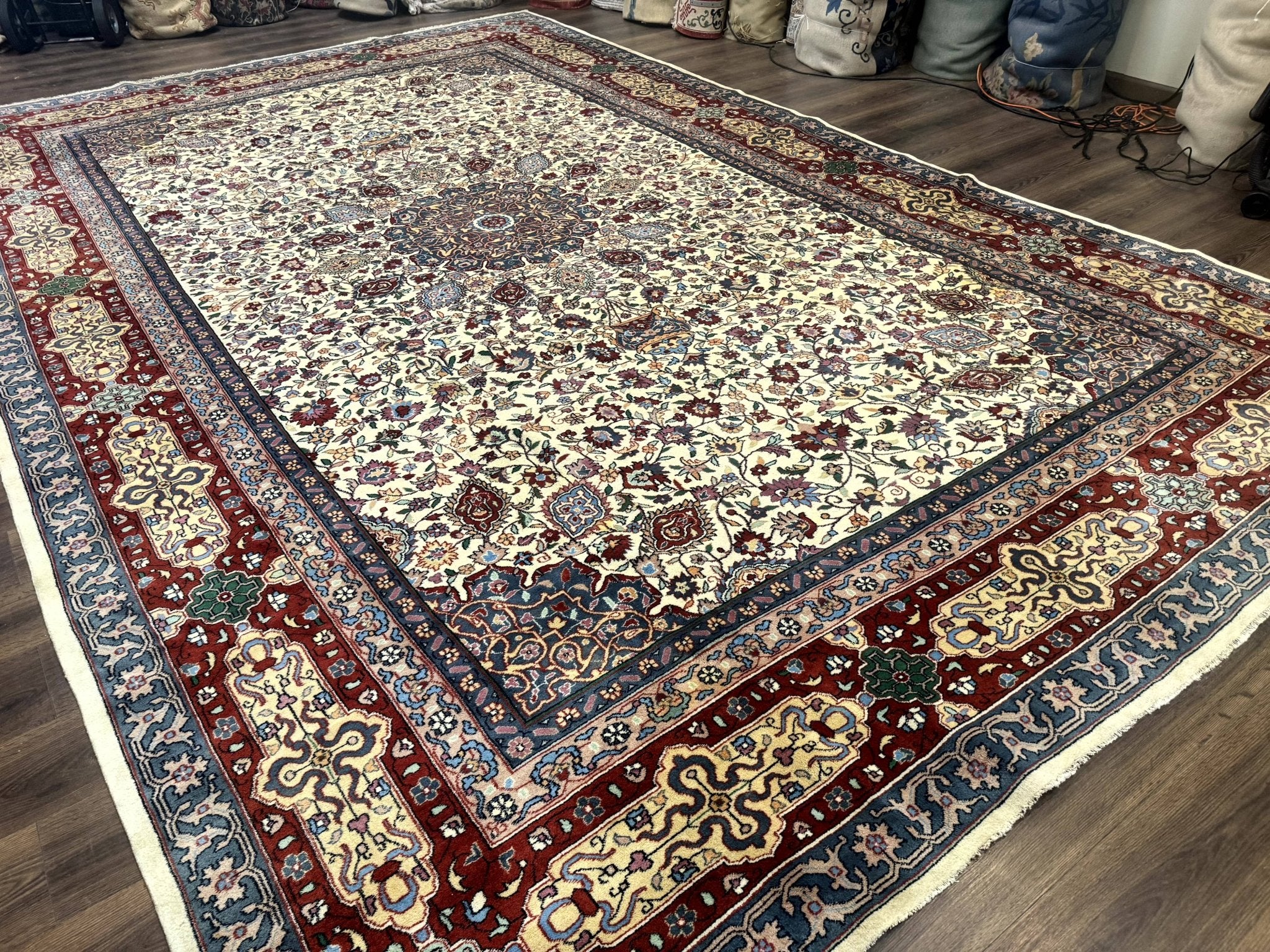 Persian Mashad Rug 10x16, Palace Size Handmade Wool Carpet, Cream Red, Floral Medallion, Vintage - Jewel RugsShopify CollectiveHUNTEDFOX - Persian Mashad Rug 10x16, Palace Size Handmade Wool Carpet, Cream Red, Floral Medallion, Vintage