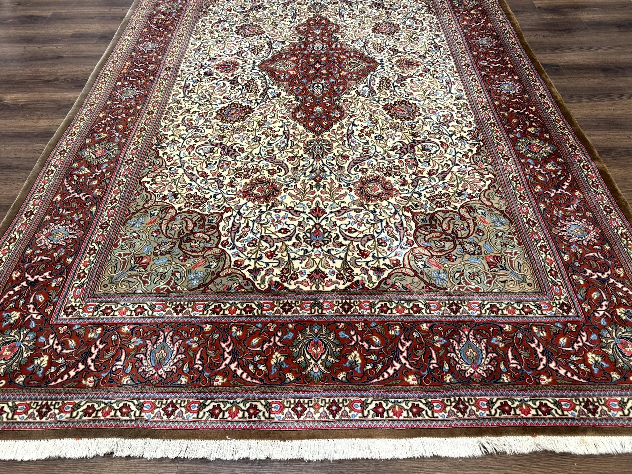 Persian Qum Rug 7x11, Beige and Red, Highly Detailed Floral Pattern, Fine 260 KPSI - Jewel RugsShopify CollectiveHUNTEDFOX - Persian Qum Rug 7x11, Beige and Red, Highly Detailed Floral Pattern, Fine 260 KPSI