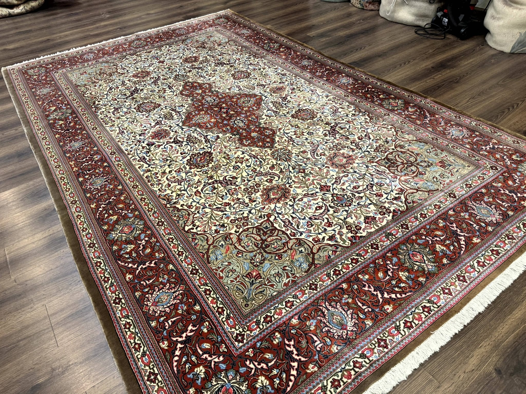 Persian Qum Rug 7x11, Beige and Red, Highly Detailed Floral Pattern, Fine 260 KPSI - Jewel RugsShopify CollectiveHUNTEDFOX - Persian Qum Rug 7x11, Beige and Red, Highly Detailed Floral Pattern, Fine 260 KPSI