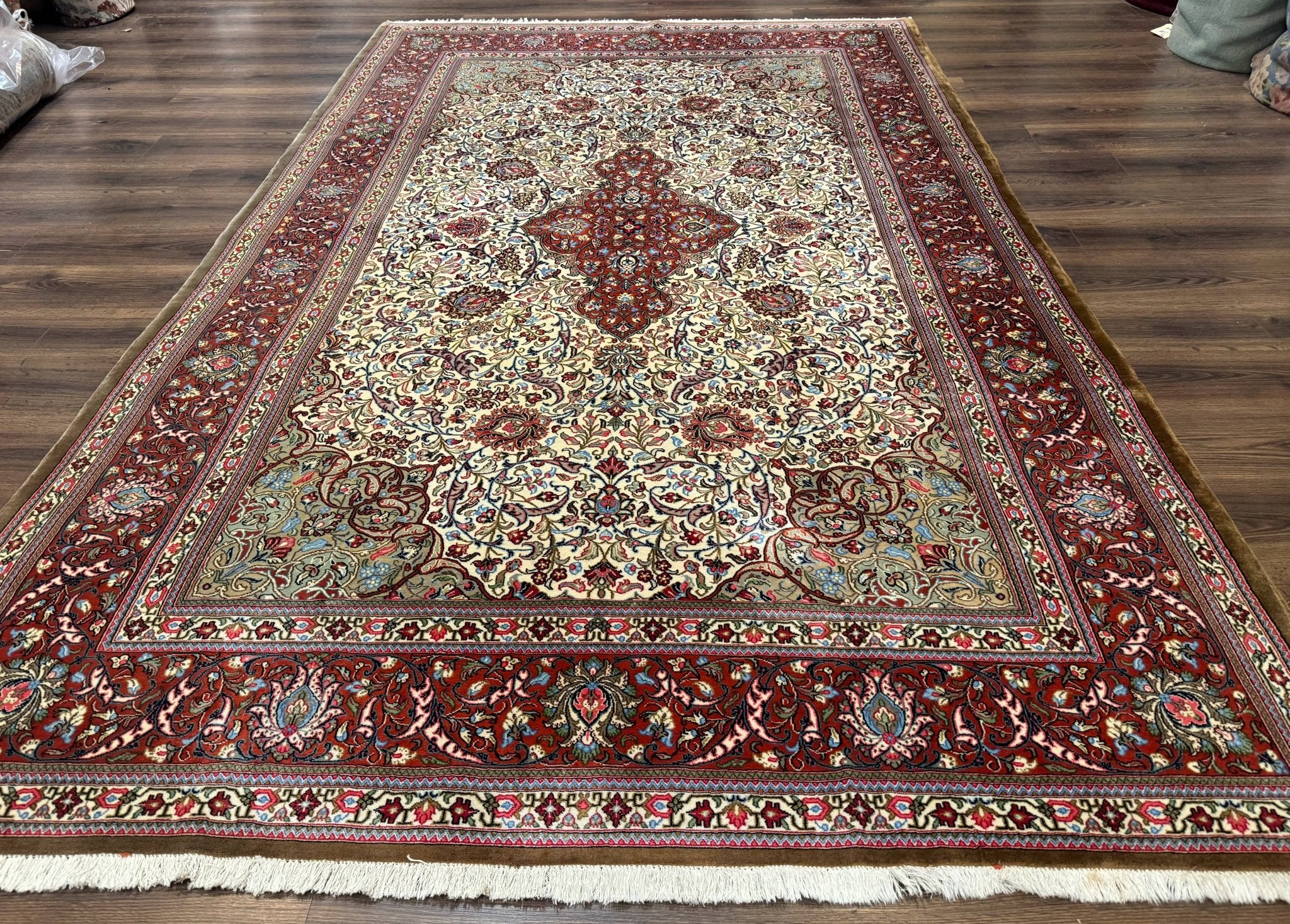 Persian Qum Rug 7x11, Beige and Red, Highly Detailed Floral Pattern, Fine 260 KPSI - Jewel RugsShopify CollectiveHUNTEDFOX - Persian Qum Rug 7x11, Beige and Red, Highly Detailed Floral Pattern, Fine 260 KPSI