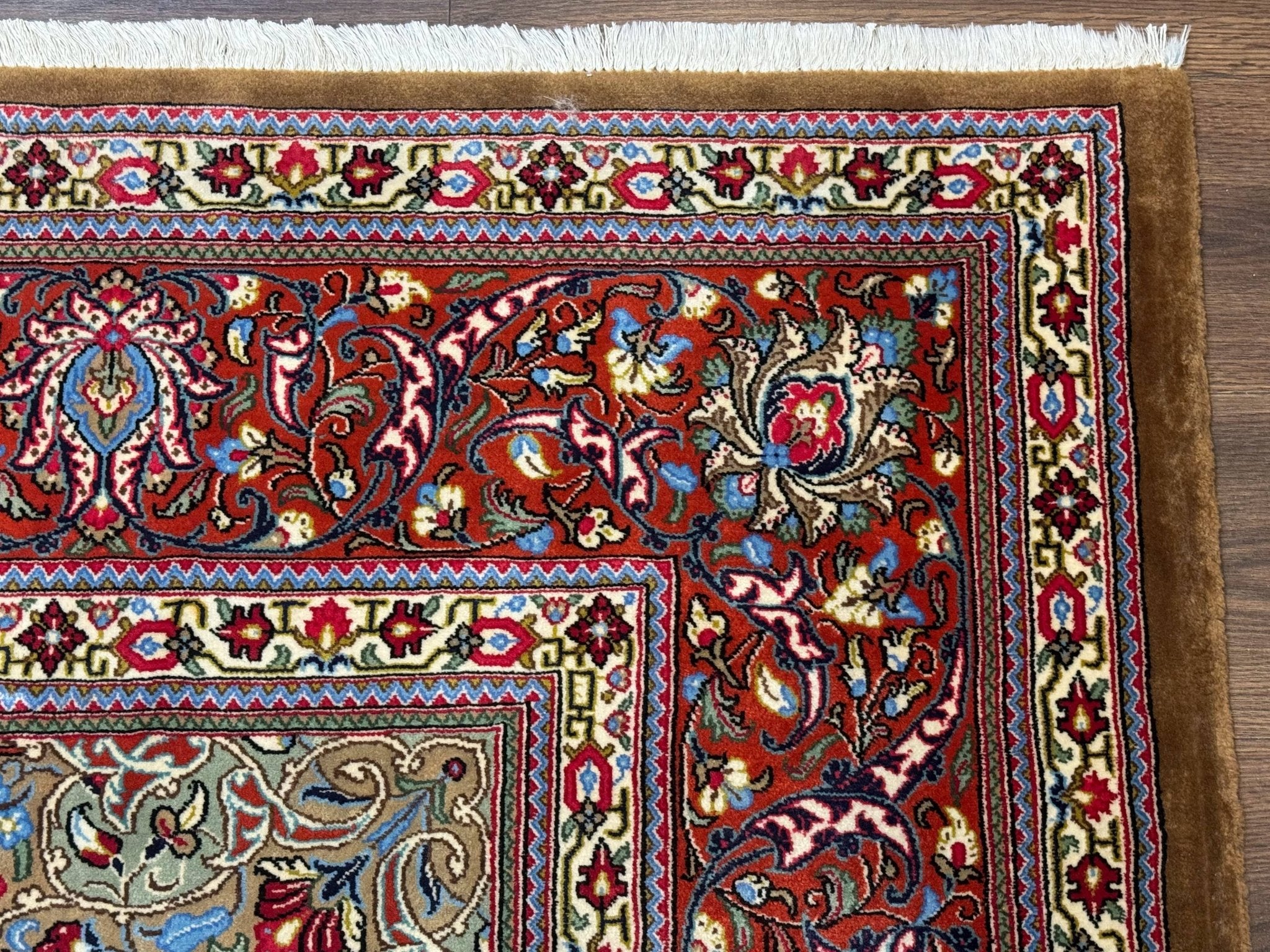 Persian Qum Rug 7x11, Beige and Red, Highly Detailed Floral Pattern, Fine 260 KPSI - Jewel RugsShopify CollectiveHUNTEDFOX - Persian Qum Rug 7x11, Beige and Red, Highly Detailed Floral Pattern, Fine 260 KPSI