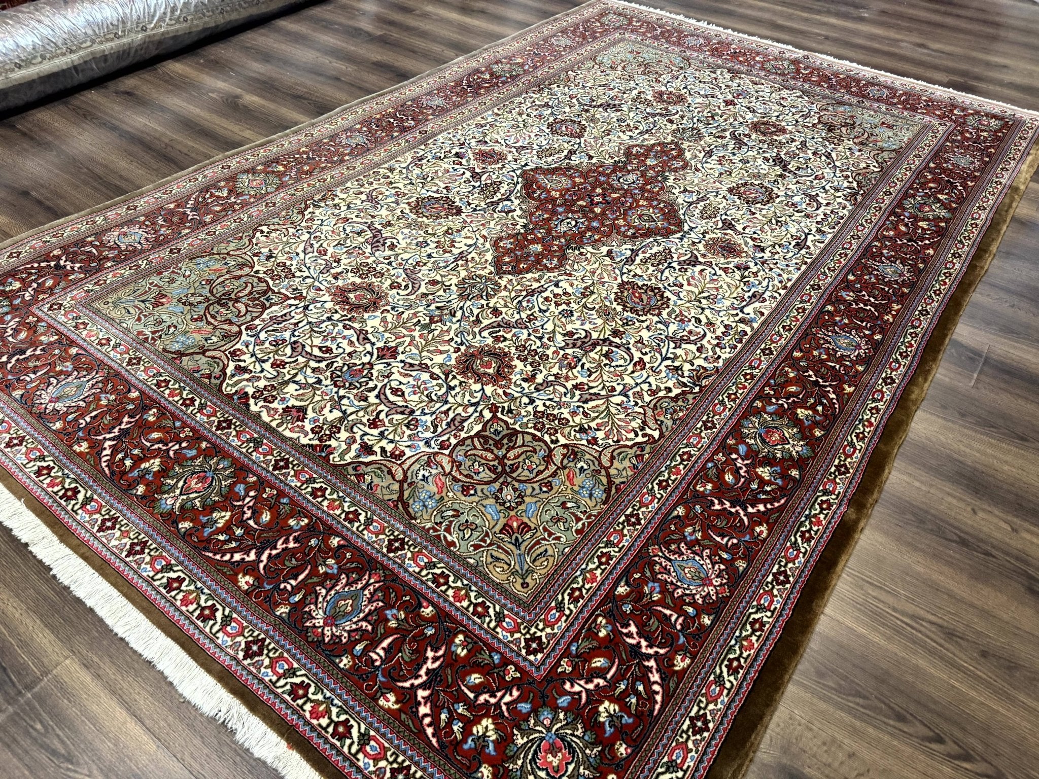 Persian Qum Rug 7x11, Beige and Red, Highly Detailed Floral Pattern, Fine 260 KPSI - Jewel RugsShopify CollectiveHUNTEDFOX - Persian Qum Rug 7x11, Beige and Red, Highly Detailed Floral Pattern, Fine 260 KPSI