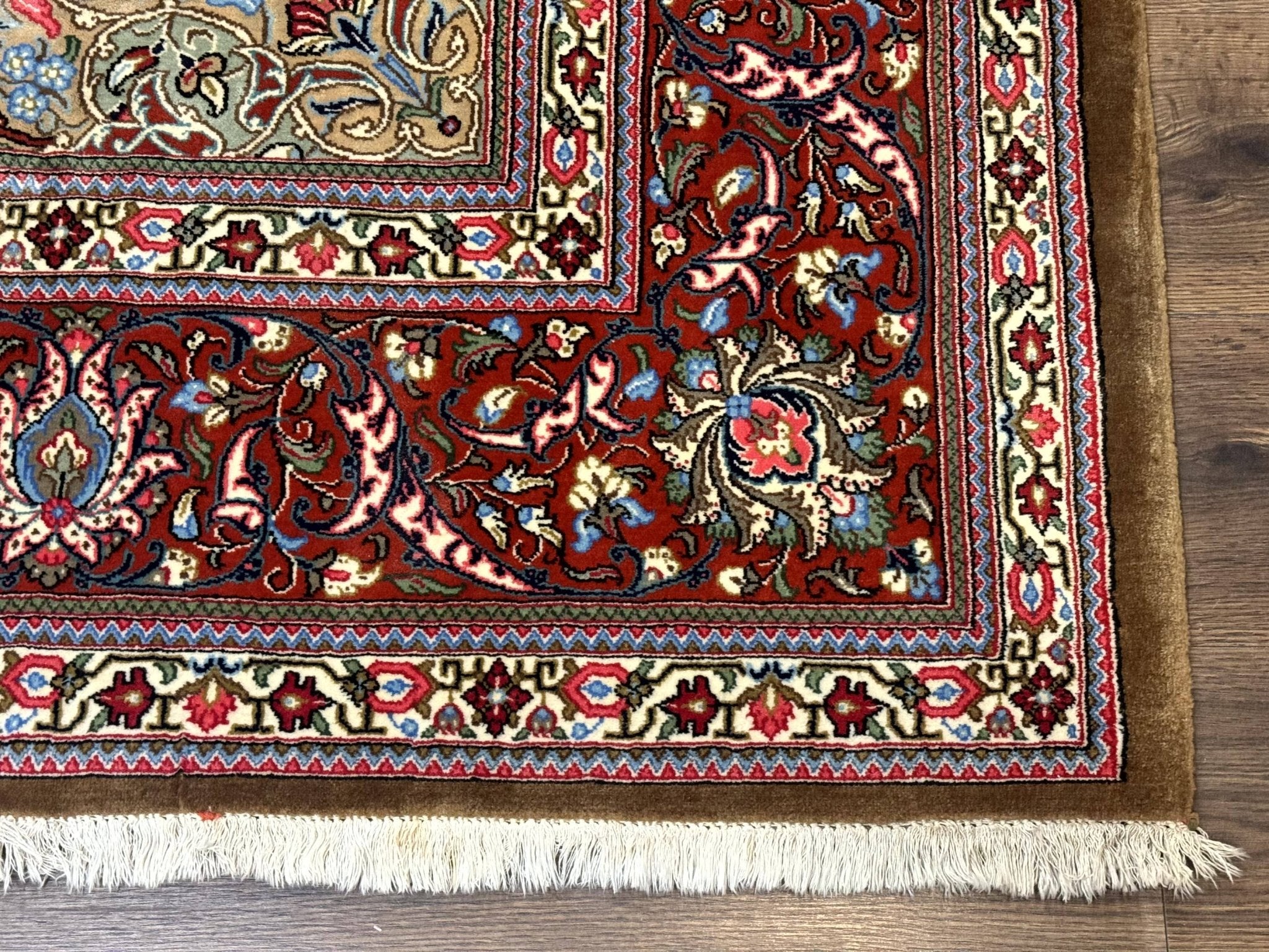 Persian Qum Rug 7x11, Beige and Red, Highly Detailed Floral Pattern, Fine 260 KPSI - Jewel RugsShopify CollectiveHUNTEDFOX - Persian Qum Rug 7x11, Beige and Red, Highly Detailed Floral Pattern, Fine 260 KPSI