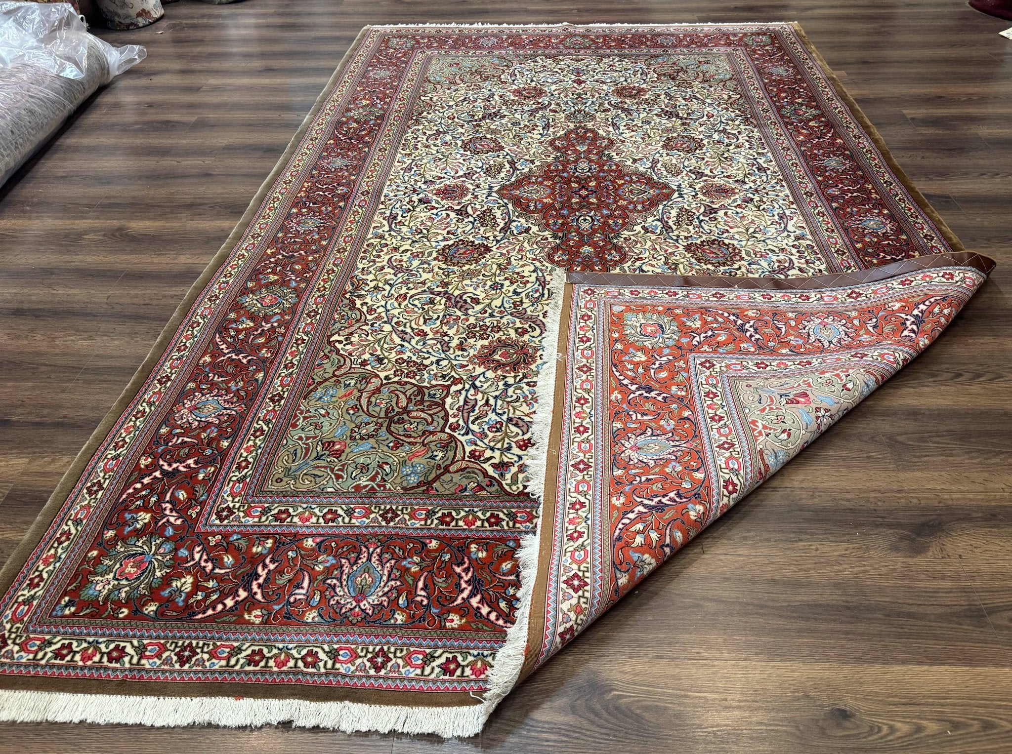 Persian Qum Rug 7x11, Beige and Red, Highly Detailed Floral Pattern, Fine 260 KPSI - Jewel RugsShopify CollectiveHUNTEDFOX - Persian Qum Rug 7x11, Beige and Red, Highly Detailed Floral Pattern, Fine 260 KPSI