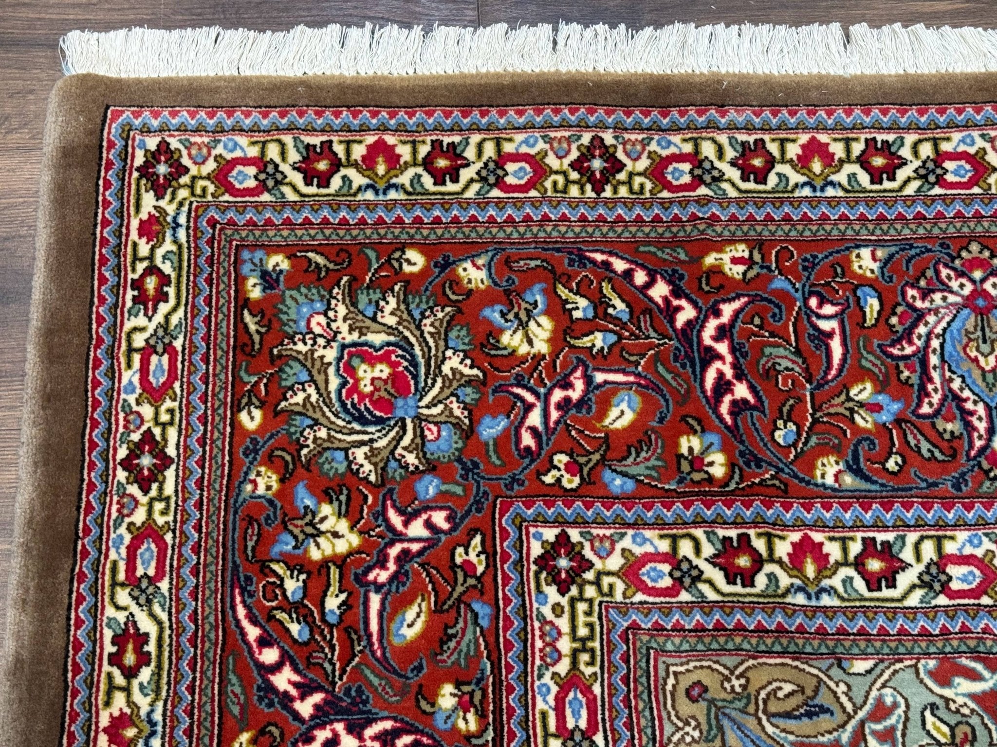 Persian Qum Rug 7x11, Beige and Red, Highly Detailed Floral Pattern, Fine 260 KPSI - Jewel RugsShopify CollectiveHUNTEDFOX - Persian Qum Rug 7x11, Beige and Red, Highly Detailed Floral Pattern, Fine 260 KPSI