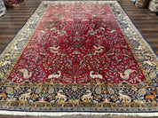 Persian Qum Rug 9x12, Animal Pictorials, Deer Birds, Tree of Life, Red and Navy Blue - Jewel RugsShopify CollectiveHUNTEDFOX - Persian Qum Rug 9x12, Animal Pictorials, Deer Birds, Tree of Life, Red and Navy Blue