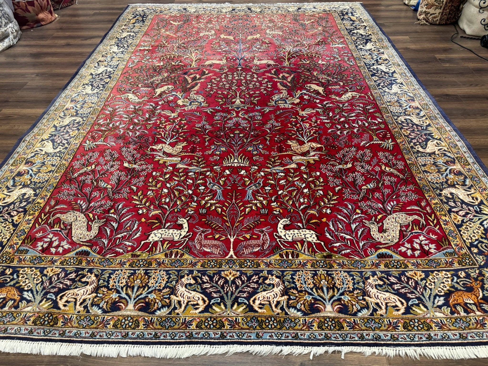 Persian Qum Rug 9x12, Animal Pictorials, Deer Birds, Tree of Life, Red and Navy Blue - Jewel RugsShopify CollectiveHUNTEDFOX - Persian Qum Rug 9x12, Animal Pictorials, Deer Birds, Tree of Life, Red and Navy Blue