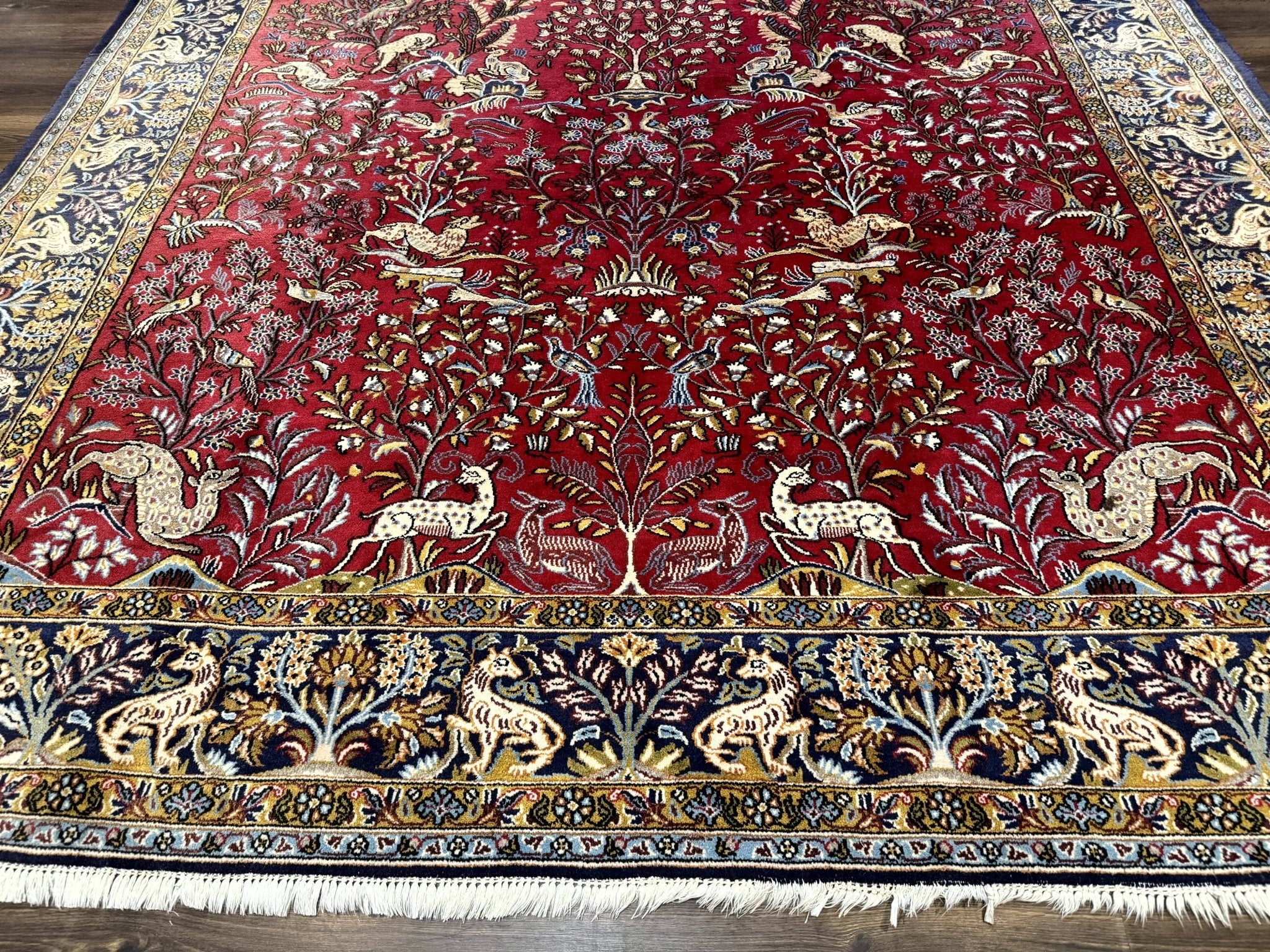 Persian Qum Rug 9x12, Animal Pictorials, Deer Birds, Tree of Life, Red and Navy Blue - Jewel RugsShopify CollectiveHUNTEDFOX - Persian Qum Rug 9x12, Animal Pictorials, Deer Birds, Tree of Life, Red and Navy Blue