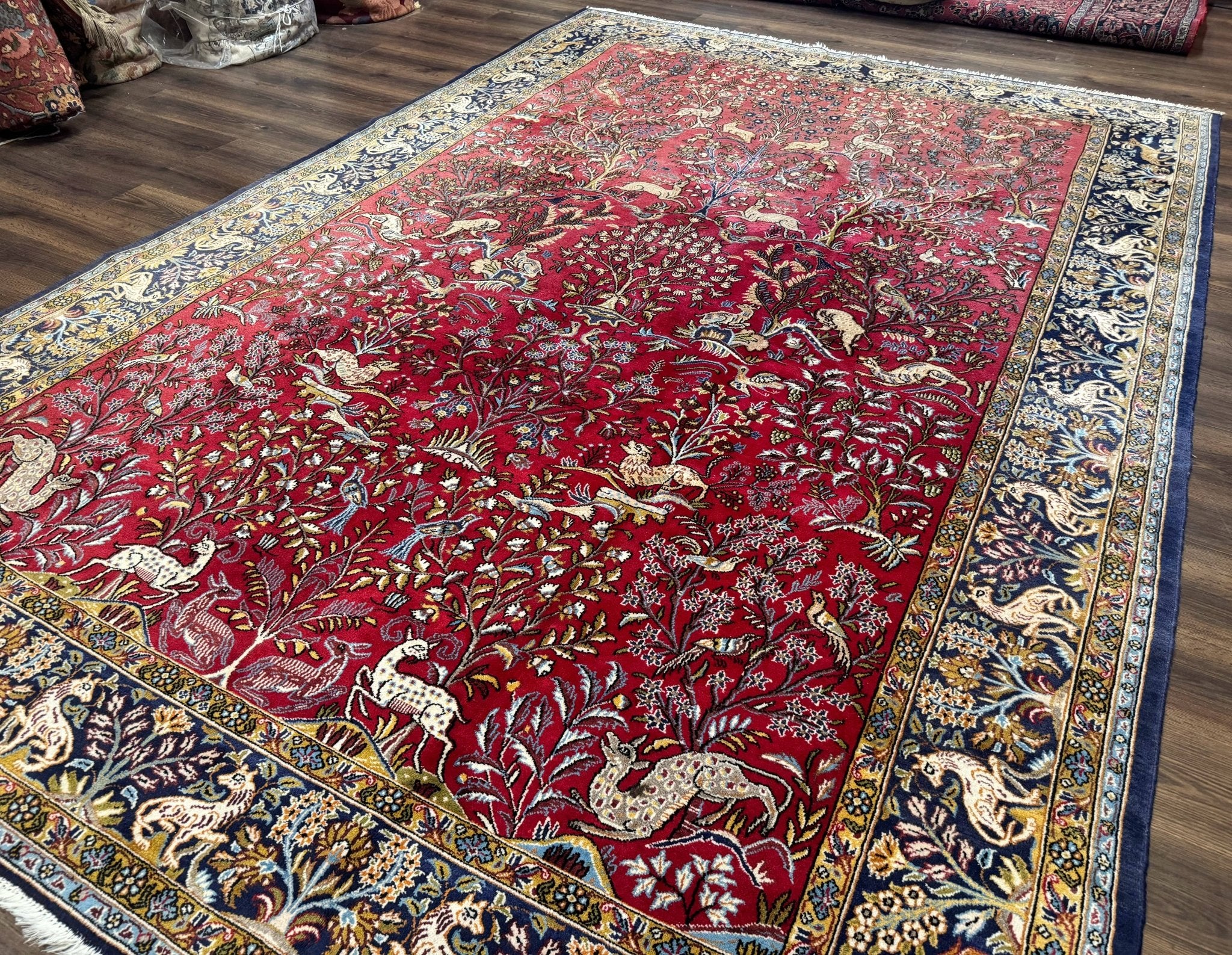 Persian Qum Rug 9x12, Animal Pictorials, Deer Birds, Tree of Life, Red and Navy Blue - Jewel RugsShopify CollectiveHUNTEDFOX - Persian Qum Rug 9x12, Animal Pictorials, Deer Birds, Tree of Life, Red and Navy Blue