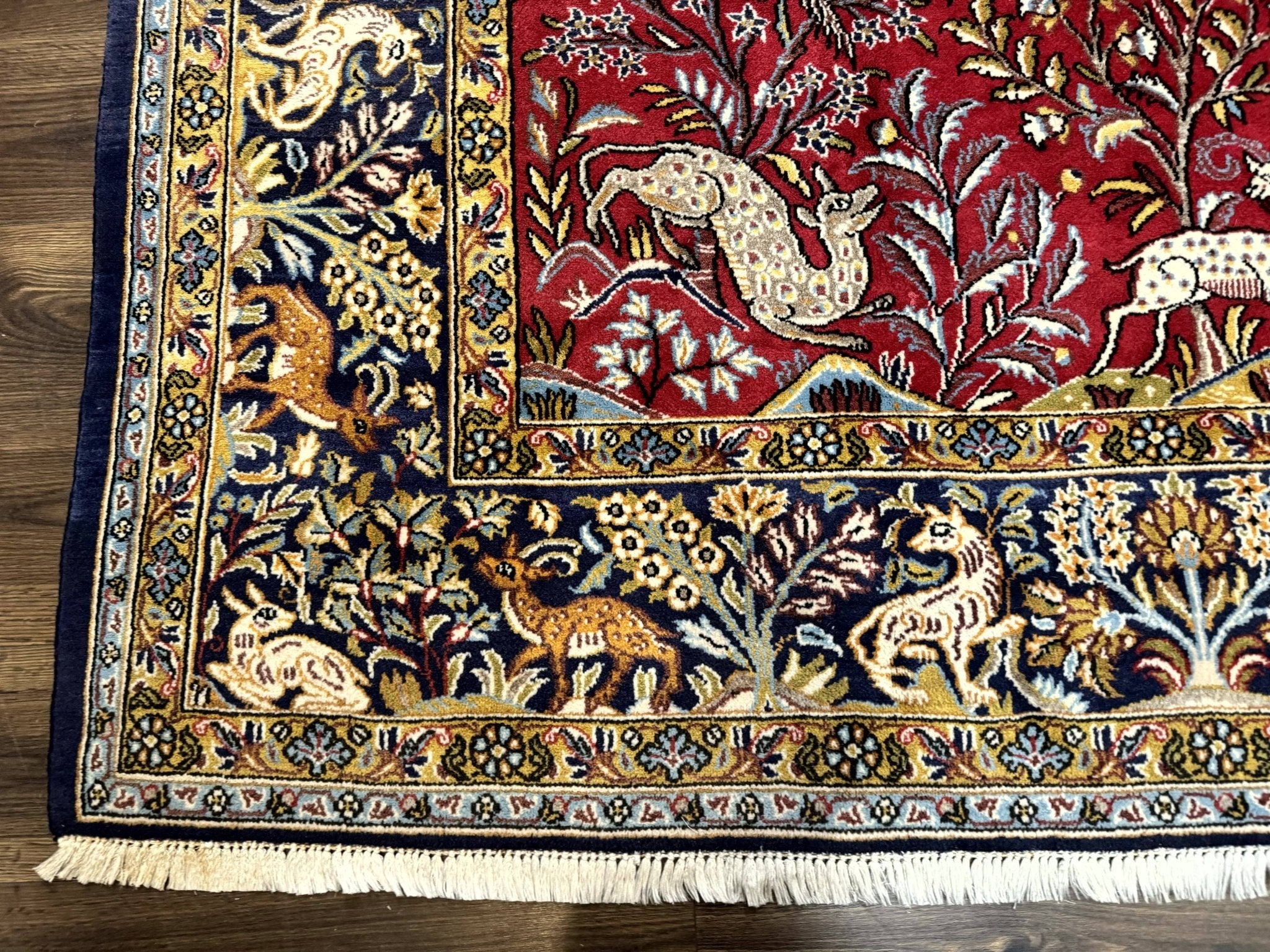 Persian Qum Rug 9x12, Animal Pictorials, Deer Birds, Tree of Life, Red and Navy Blue - Jewel RugsShopify CollectiveHUNTEDFOX - Persian Qum Rug 9x12, Animal Pictorials, Deer Birds, Tree of Life, Red and Navy Blue