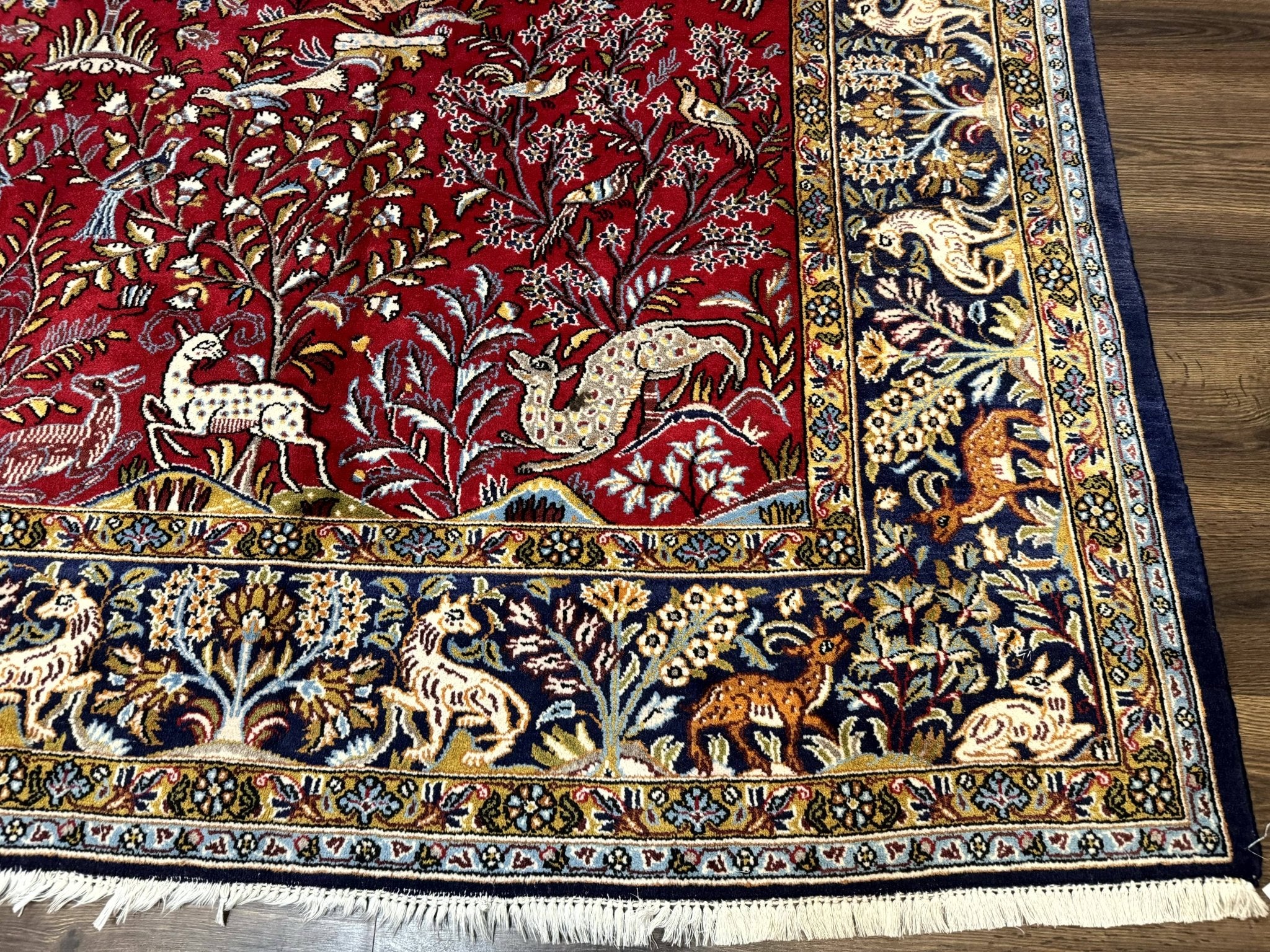 Persian Qum Rug 9x12, Animal Pictorials, Deer Birds, Tree of Life, Red and Navy Blue - Jewel RugsShopify CollectiveHUNTEDFOX - Persian Qum Rug 9x12, Animal Pictorials, Deer Birds, Tree of Life, Red and Navy Blue
