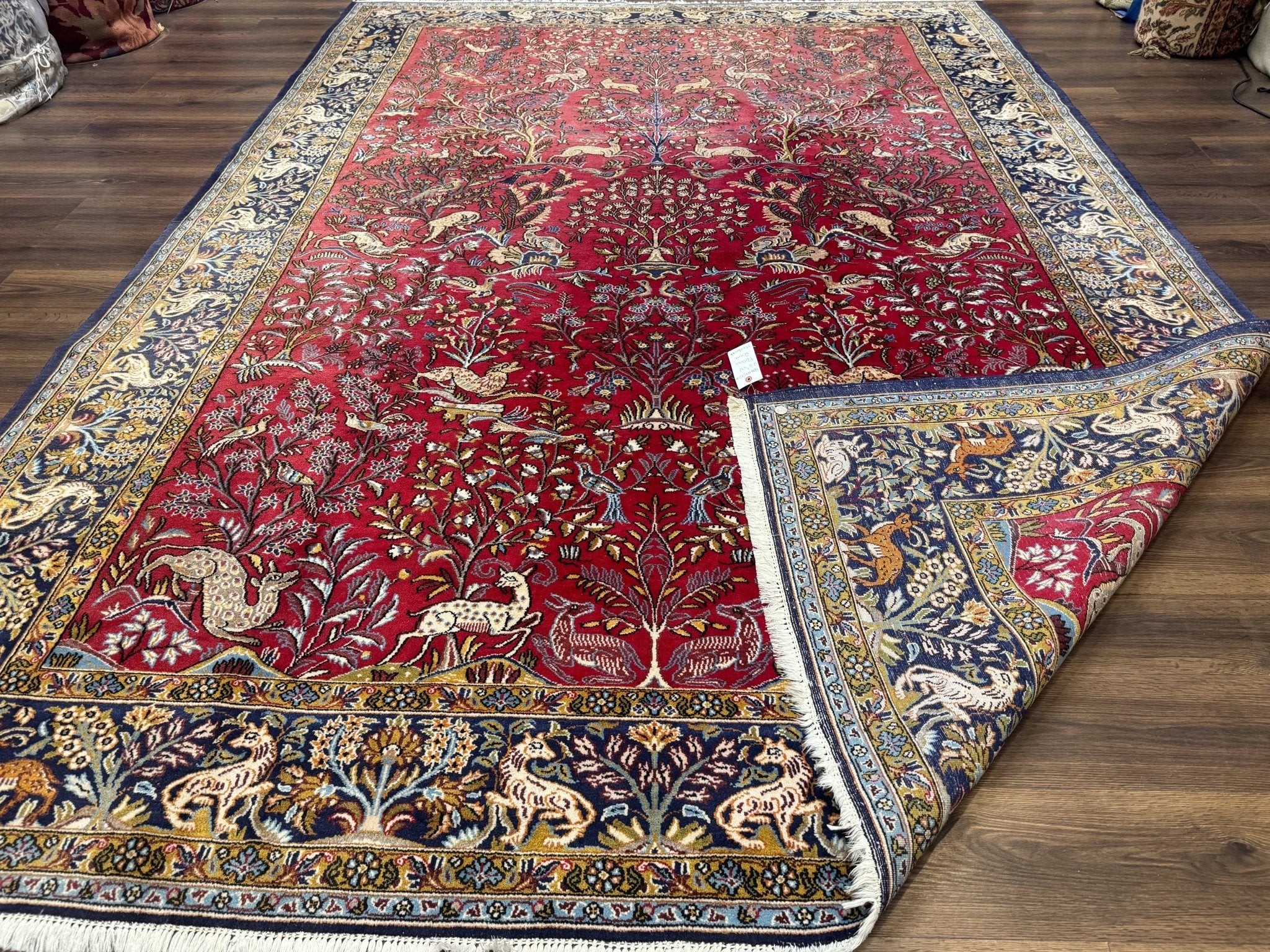 Persian Qum Rug 9x12, Animal Pictorials, Deer Birds, Tree of Life, Red and Navy Blue - Jewel RugsShopify CollectiveHUNTEDFOX - Persian Qum Rug 9x12, Animal Pictorials, Deer Birds, Tree of Life, Red and Navy Blue