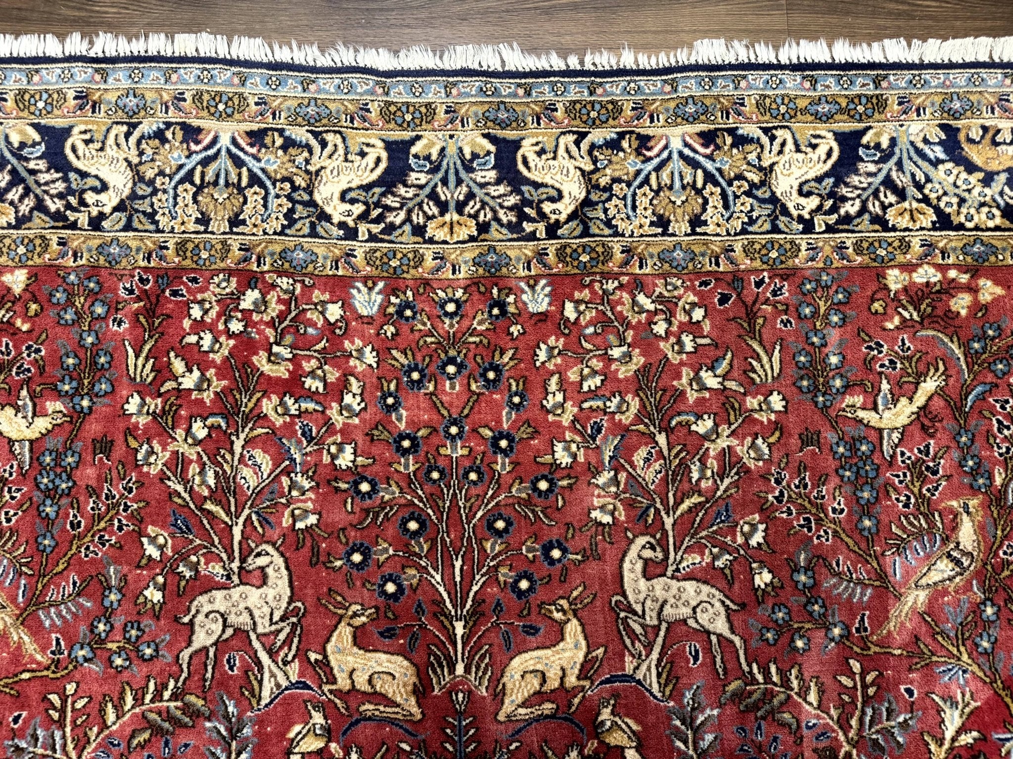 Persian Qum Rug 9x12, Animal Pictorials, Deer Birds, Tree of Life, Red and Navy Blue - Jewel RugsShopify CollectiveHUNTEDFOX - Persian Qum Rug 9x12, Animal Pictorials, Deer Birds, Tree of Life, Red and Navy Blue