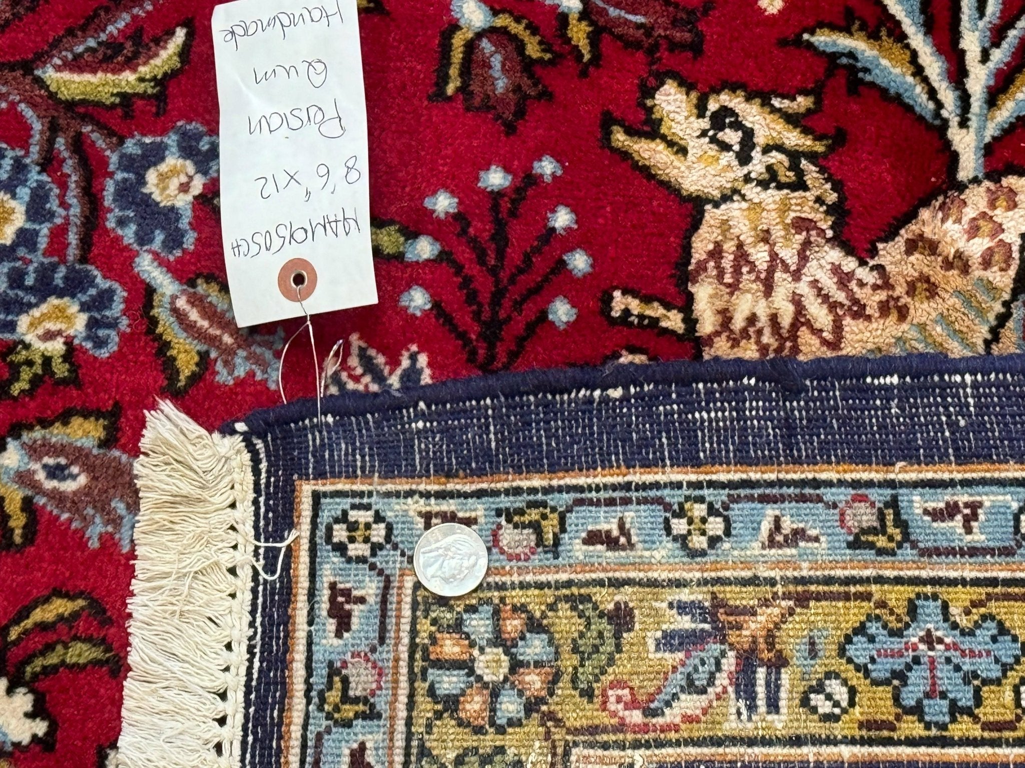 Persian Qum Rug 9x12, Animal Pictorials, Deer Birds, Tree of Life, Red and Navy Blue - Jewel RugsShopify CollectiveHUNTEDFOX - Persian Qum Rug 9x12, Animal Pictorials, Deer Birds, Tree of Life, Red and Navy Blue