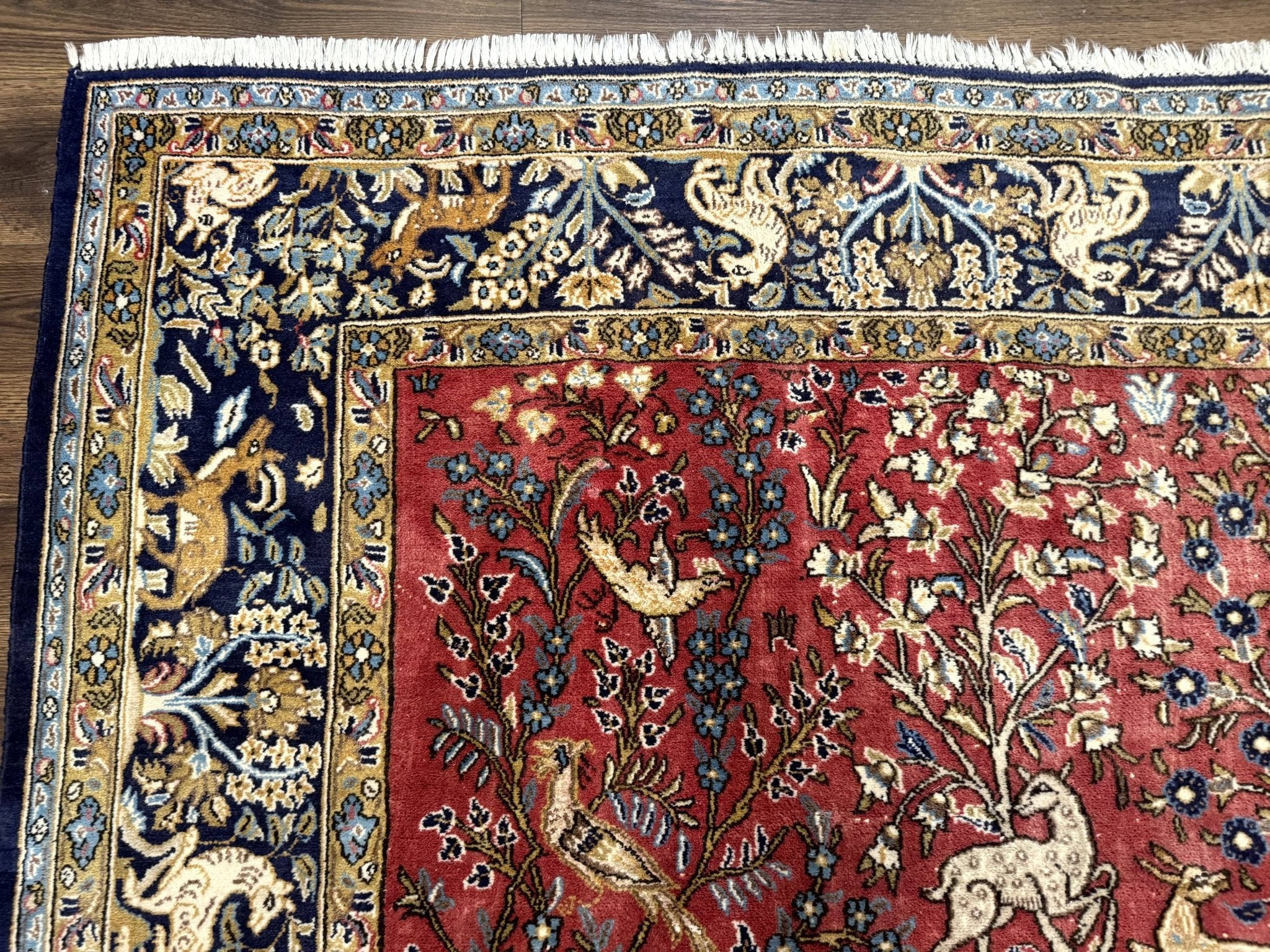 Persian Qum Rug 9x12, Animal Pictorials, Deer Birds, Tree of Life, Red and Navy Blue - Jewel RugsShopify CollectiveHUNTEDFOX - Persian Qum Rug 9x12, Animal Pictorials, Deer Birds, Tree of Life, Red and Navy Blue