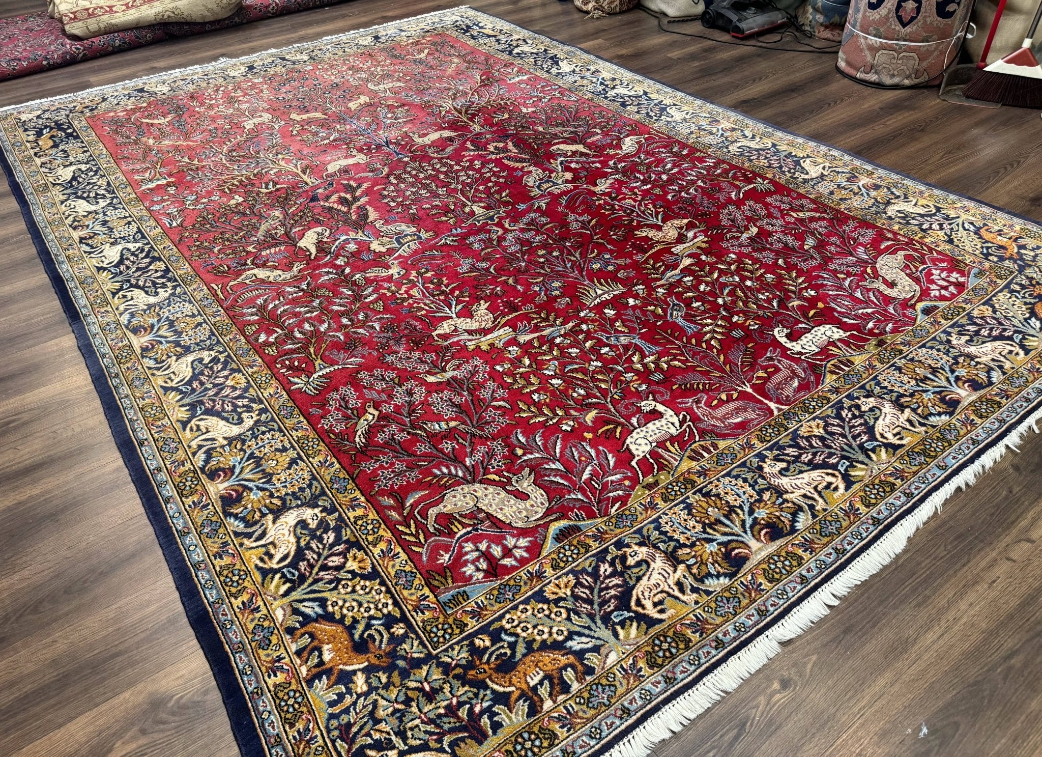 Persian Qum Rug 9x12, Animal Pictorials, Deer Birds, Tree of Life, Red and Navy Blue - Jewel RugsShopify CollectiveHUNTEDFOX - Persian Qum Rug 9x12, Animal Pictorials, Deer Birds, Tree of Life, Red and Navy Blue