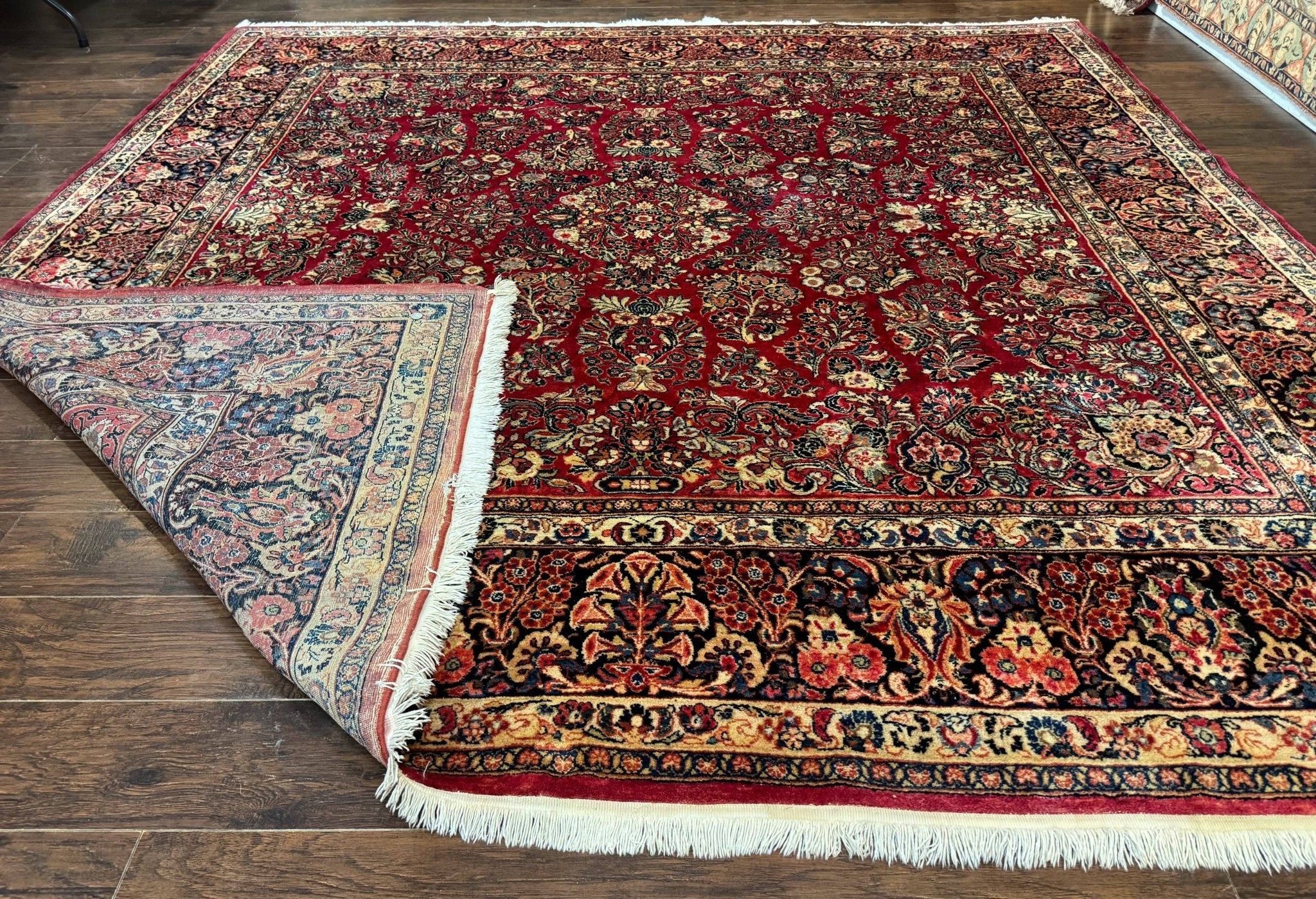 Persian Sarouk Rug 10x10, Square Persian Carpet, Red, Floral, Antique - Jewel RugsShopify CollectiveHUNTEDFOX - Persian Sarouk Rug 10x10, Square Persian Carpet, Red, Floral, Antique