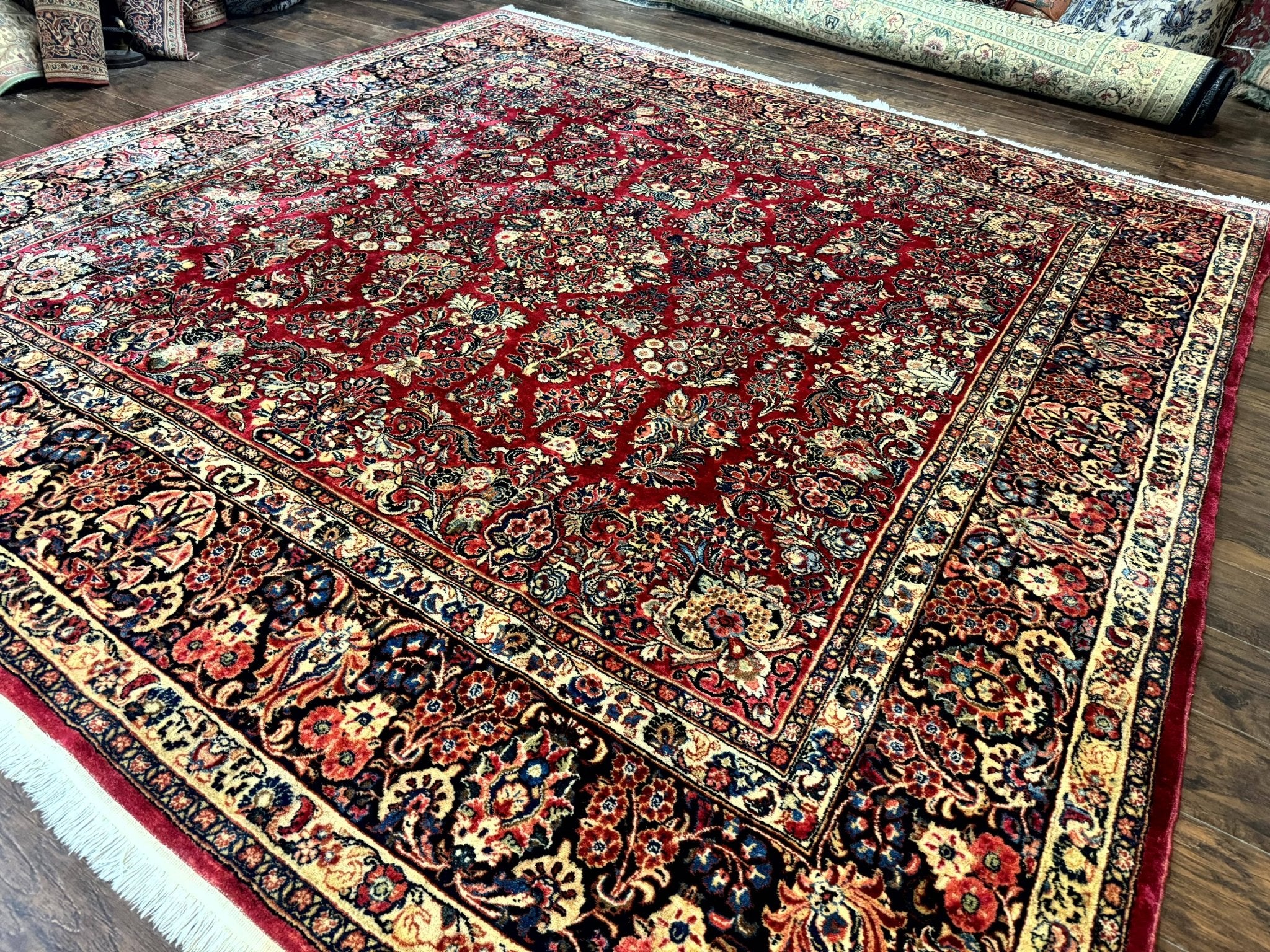 Persian Sarouk Rug 10x10, Square Persian Carpet, Red, Floral, Antique - Jewel RugsShopify CollectiveHUNTEDFOX - Persian Sarouk Rug 10x10, Square Persian Carpet, Red, Floral, Antique