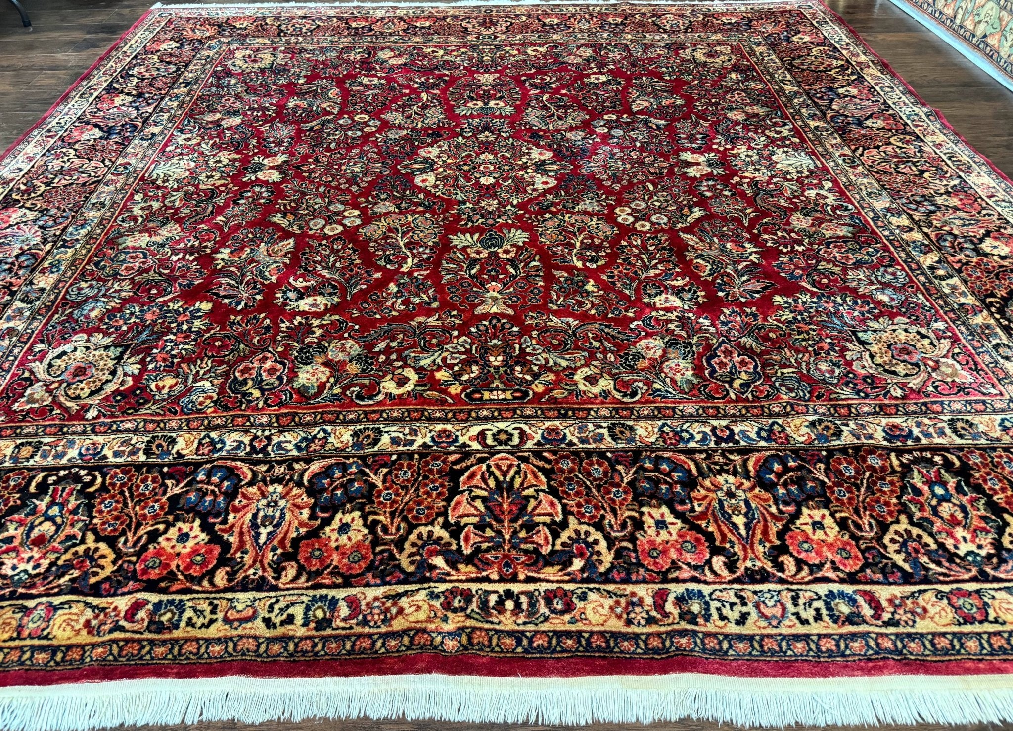 Persian Sarouk Rug 10x10, Square Persian Carpet, Red, Floral, Antique - Jewel RugsShopify CollectiveHUNTEDFOX - Persian Sarouk Rug 10x10, Square Persian Carpet, Red, Floral, Antique