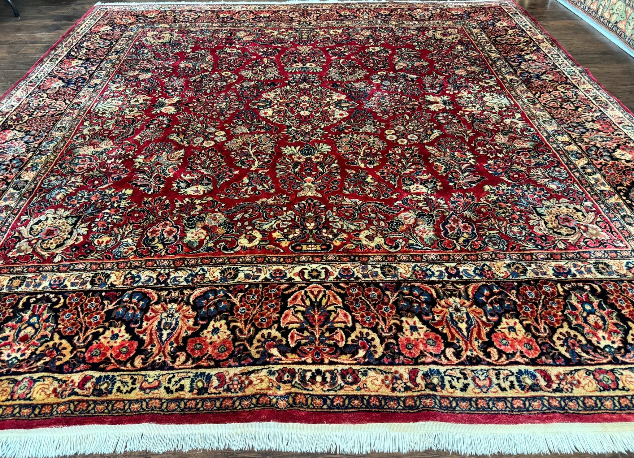 Persian Sarouk Rug 10x10, Square Persian Carpet, Red, Floral, Antique - Jewel RugsShopify CollectiveHUNTEDFOX - Persian Sarouk Rug 10x10, Square Persian Carpet, Red, Floral, Antique
