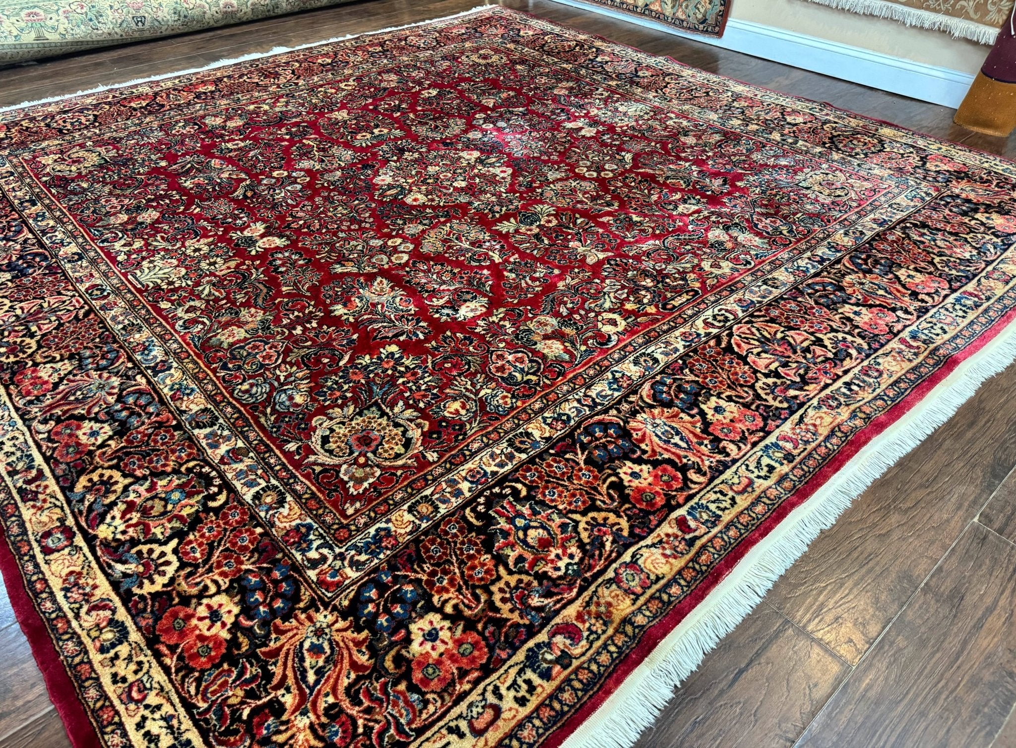 Persian Sarouk Rug 10x10, Square Persian Carpet, Red, Floral, Antique - Jewel RugsShopify CollectiveHUNTEDFOX - Persian Sarouk Rug 10x10, Square Persian Carpet, Red, Floral, Antique